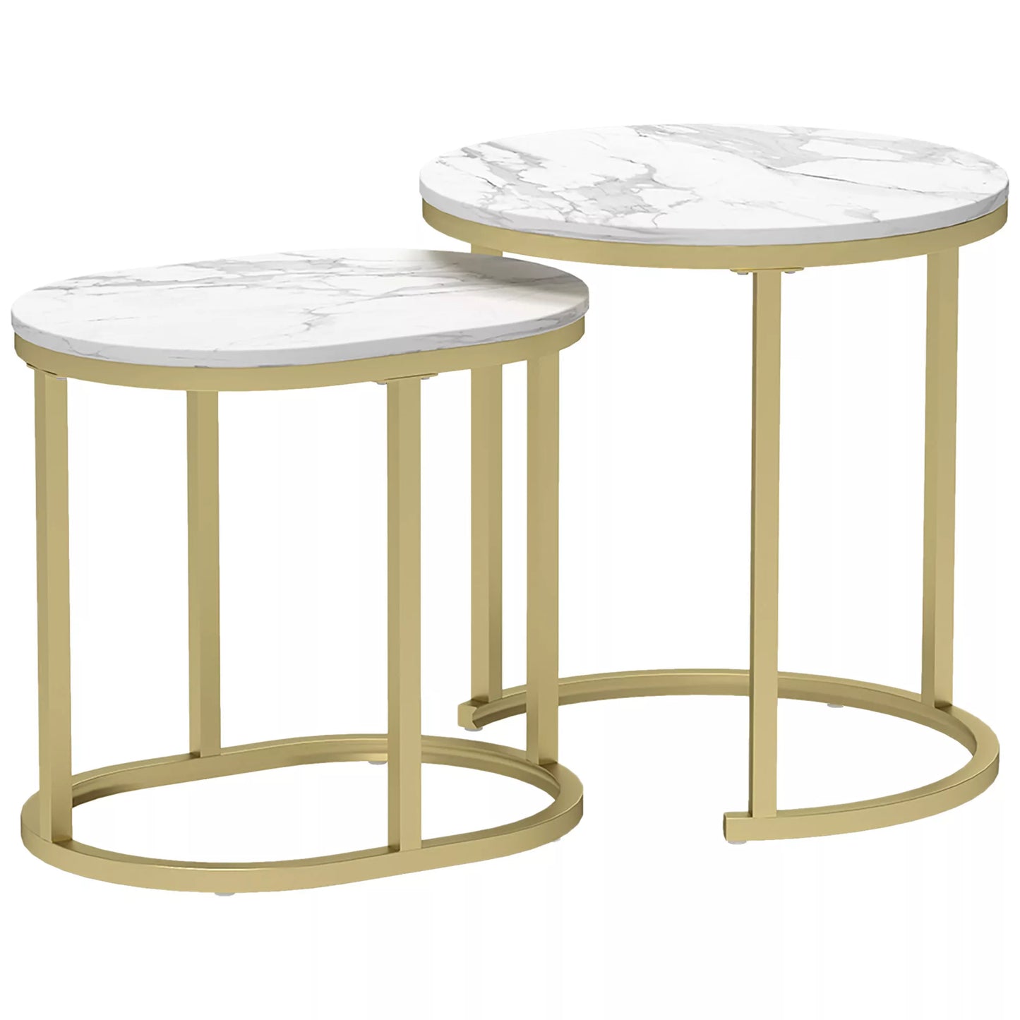 2 vnt. komplektas svetainės staliukų, ovalus ir apvalus kavos staliukas, suderinamas statyti vieną ant kito, marmuro imitacija, plienas, Ø50 x 50,5 cm, baltas