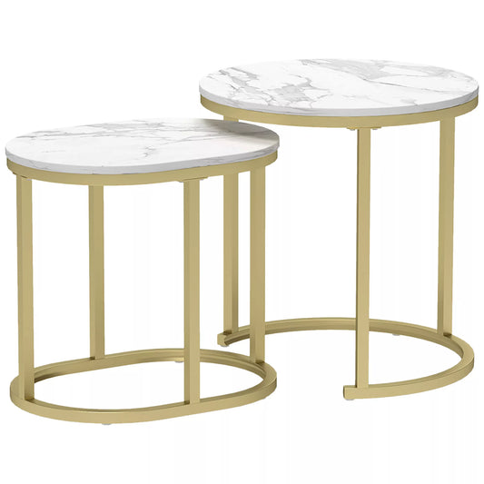 2 vnt. komplektas svetainės staliukų, ovalus ir apvalus kavos staliukas, suderinamas statyti vieną ant kito, marmuro imitacija, plienas, Ø50 x 50,5 cm, baltas