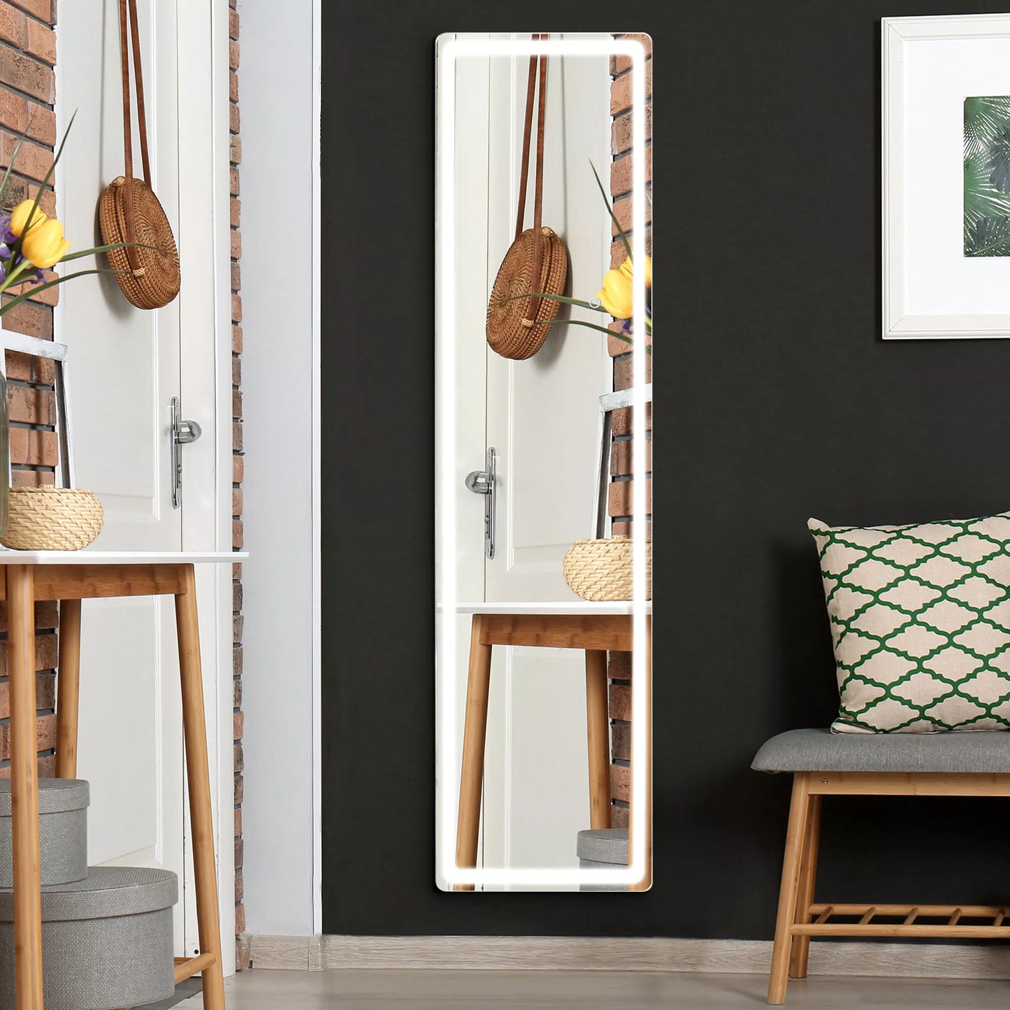 2-in-1 pastatomas veidrodis su LED apšvietimu, laisvai statomas, aliuminio, reguliuojamas apšvietimas, 40 cm x 37 cm x 157,5 cm