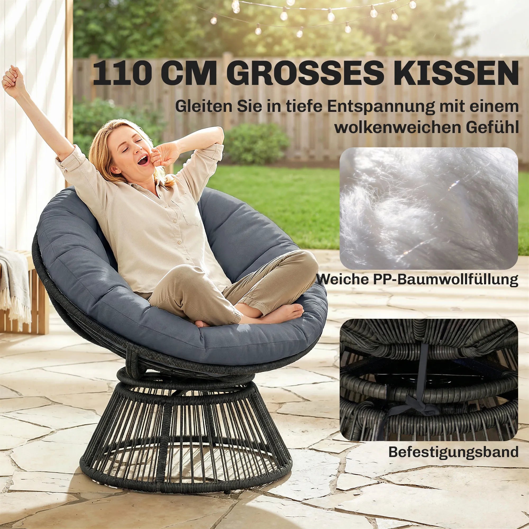 Lounge, krėslas 360° besisukantis, su pagalve, iki 120 kg, pilkas