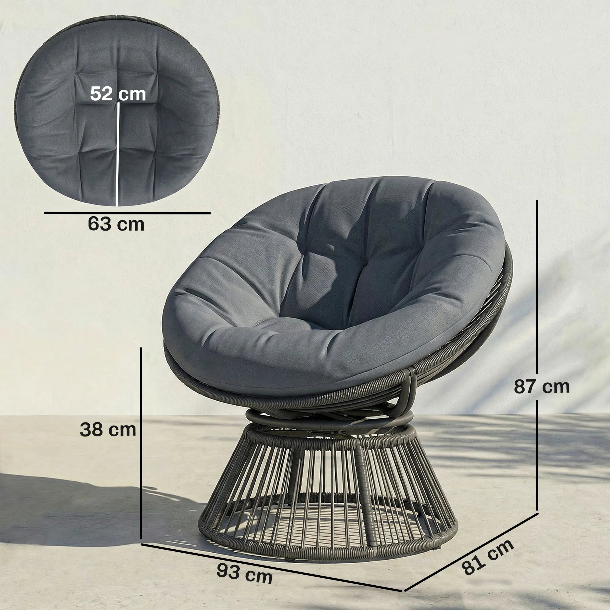 Lounge, krėslas 360° besisukantis, su pagalve, iki 120 kg, pilkas