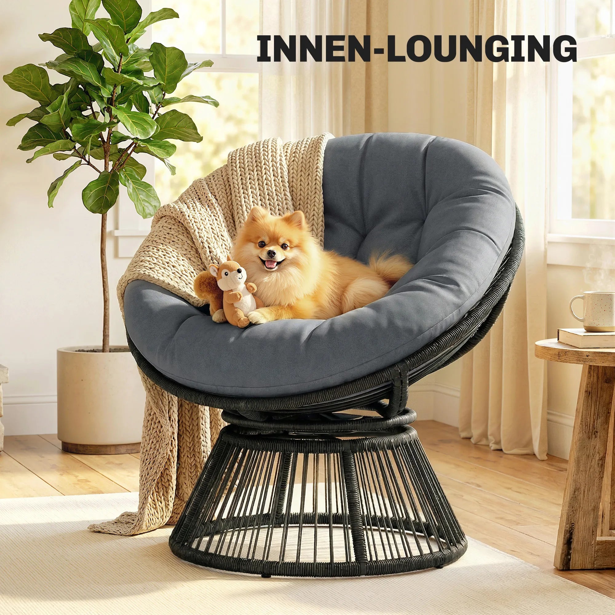 Lounge, krėslas 360° besisukantis, su pagalve, iki 120 kg, pilkas