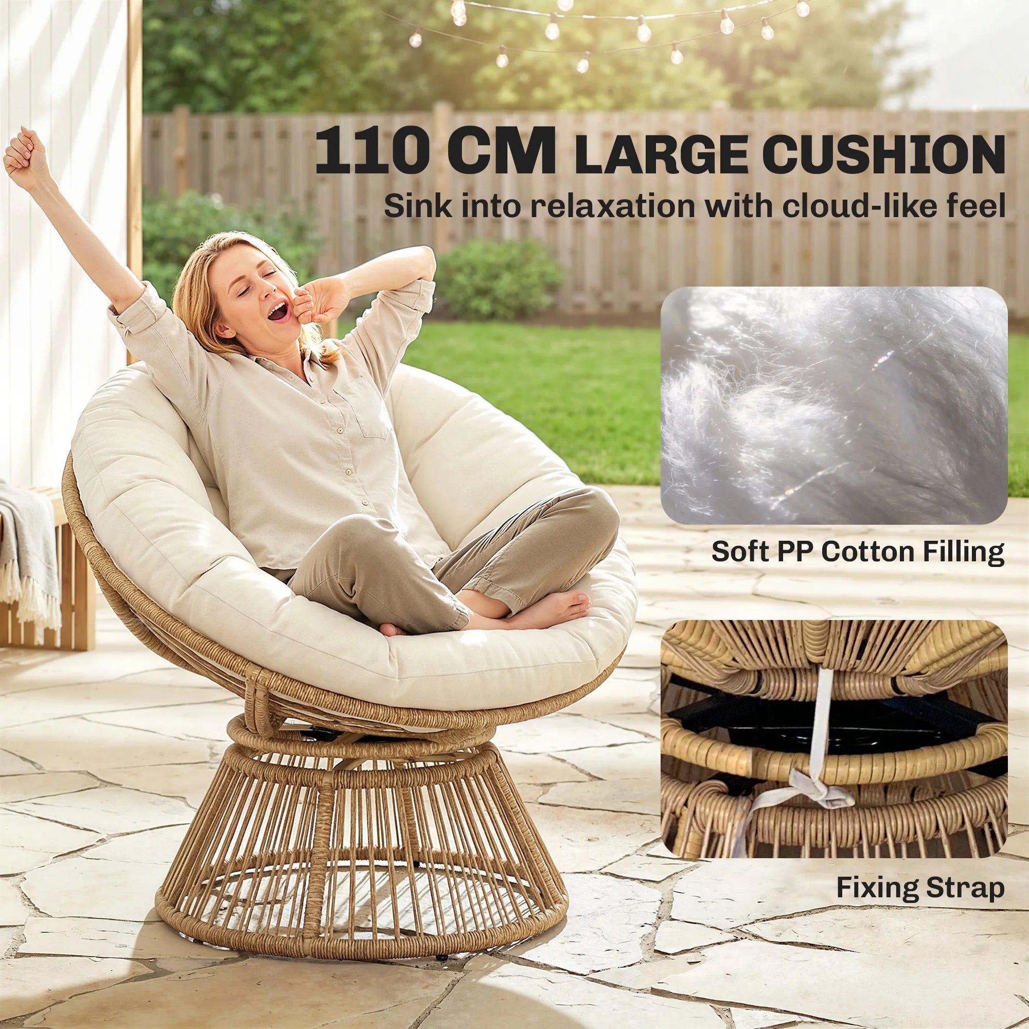 Lounge krėslas „Papasan“ 360° besisukantis, su pagalve, iki 120 kg, kreminės baltos spalvos