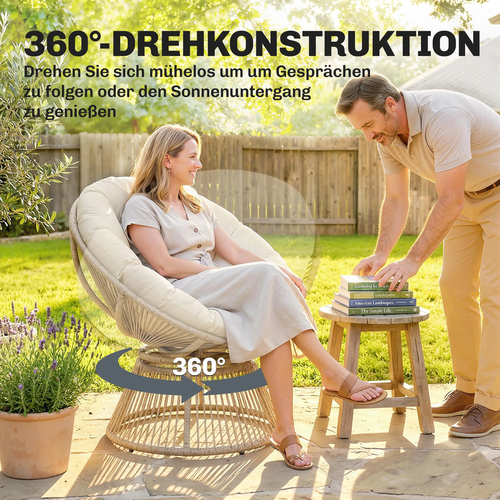 Lounge krėslas „Papasan“ 360° besisukantis, su pagalve, iki 120 kg, kreminės baltos spalvos