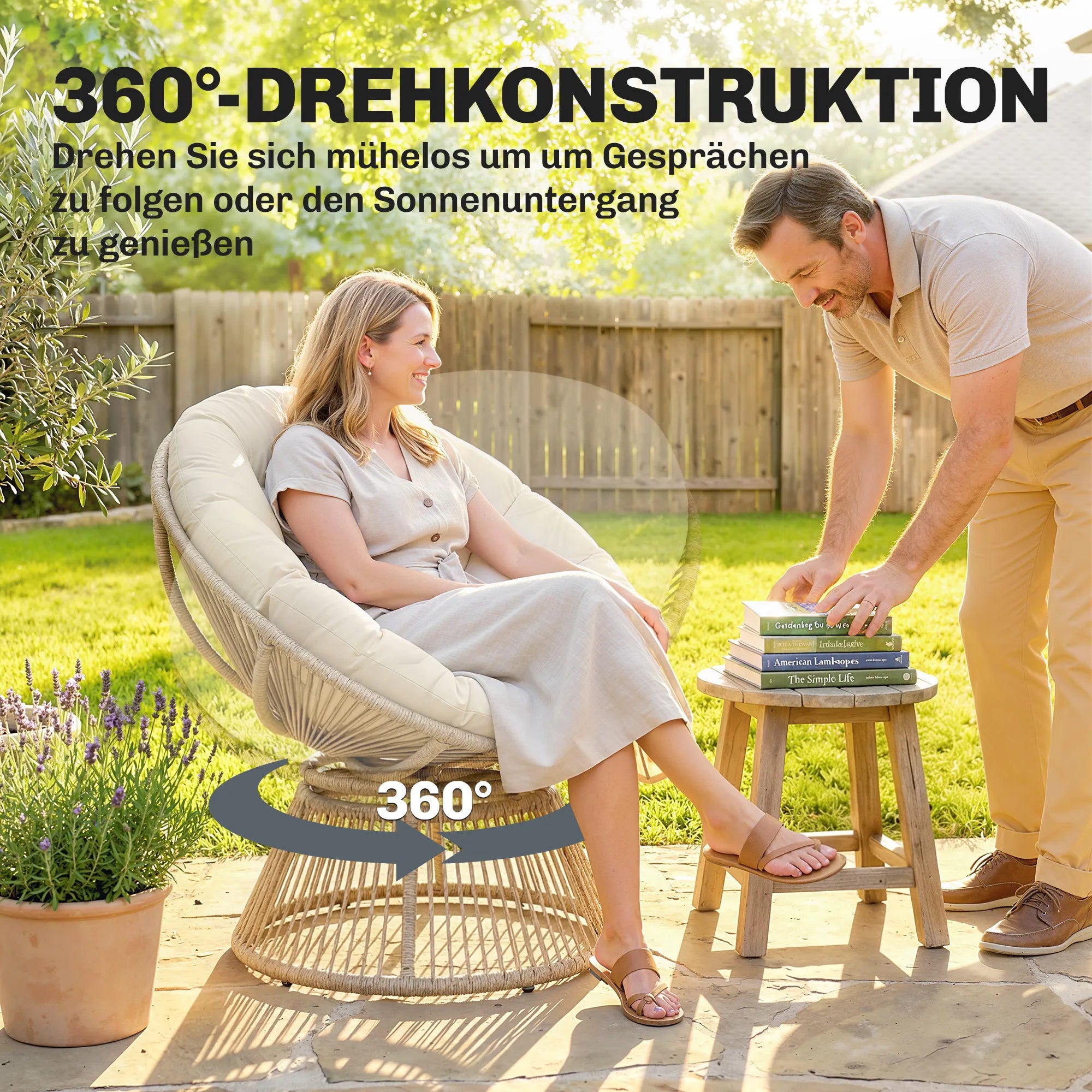 Lounge krėslas „Papasan“ 360° besisukantis, su pagalve, iki 120 kg, kreminės baltos spalvos