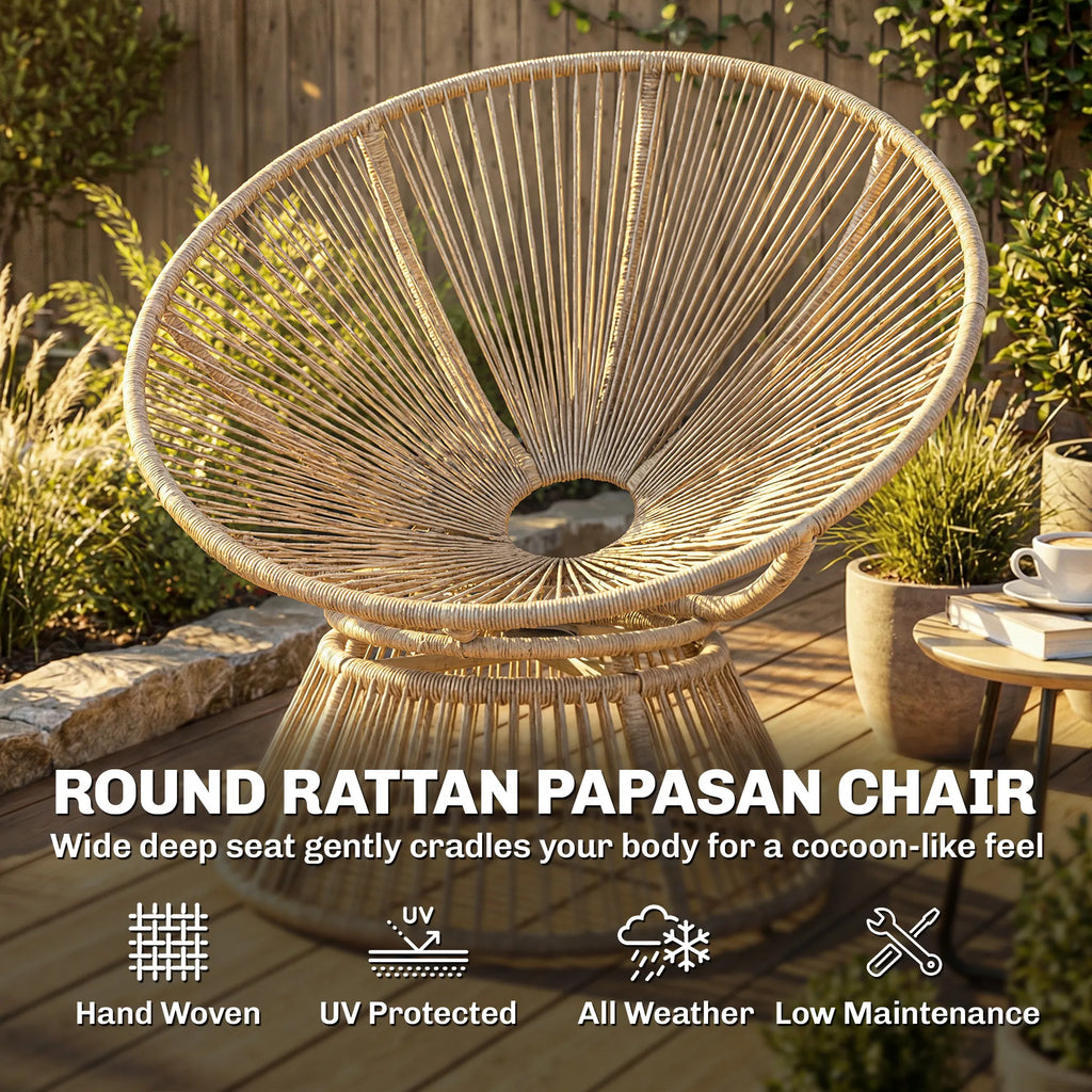 Lounge krėslas „Papasan“ 360° besisukantis, su pagalve, iki 120 kg, kreminės baltos spalvos