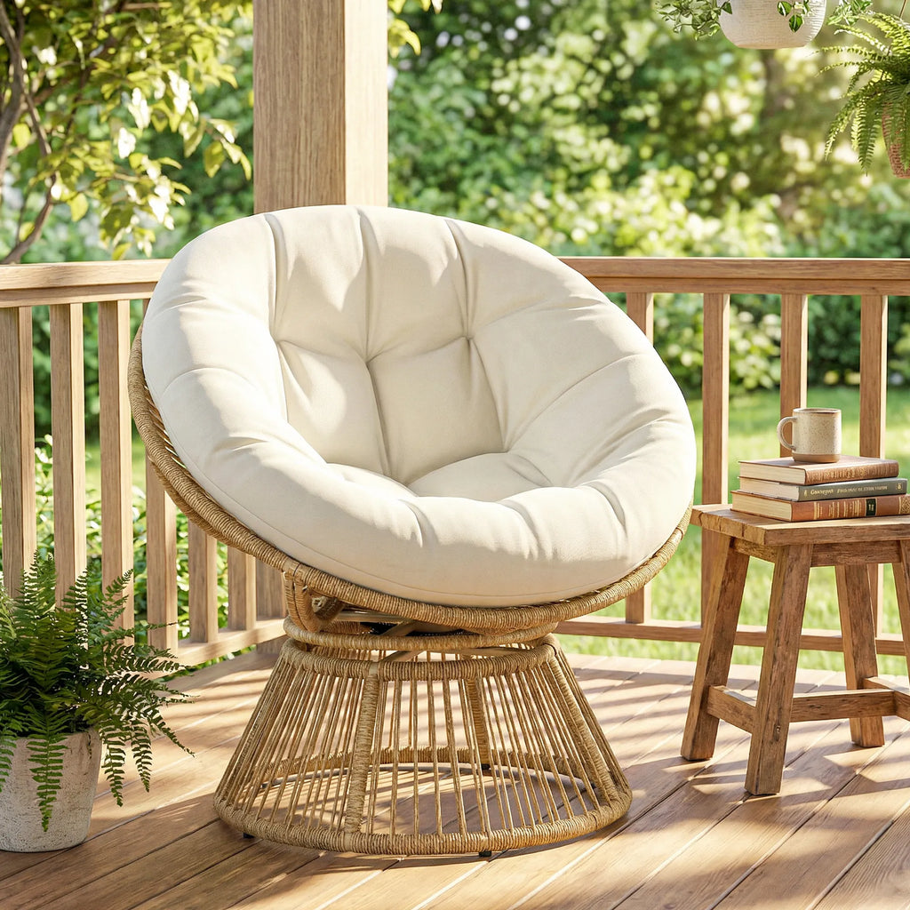 Lounge krėslas „Papasan“ 360° besisukantis, su pagalve, iki 120 kg, kreminės baltos spalvos