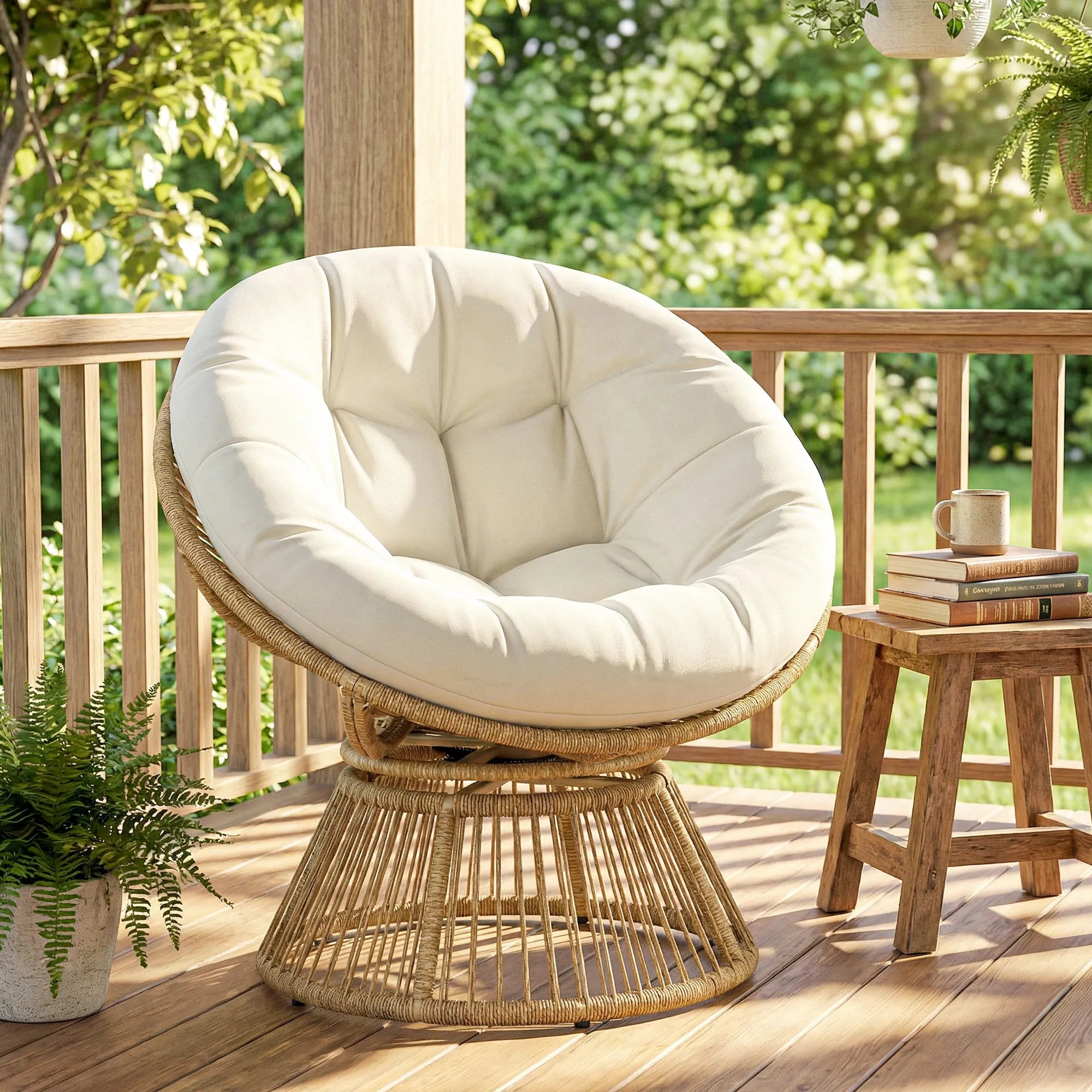 Lounge krėslas „Papasan“ 360° besisukantis, su pagalve, iki 120 kg, kreminės baltos spalvos