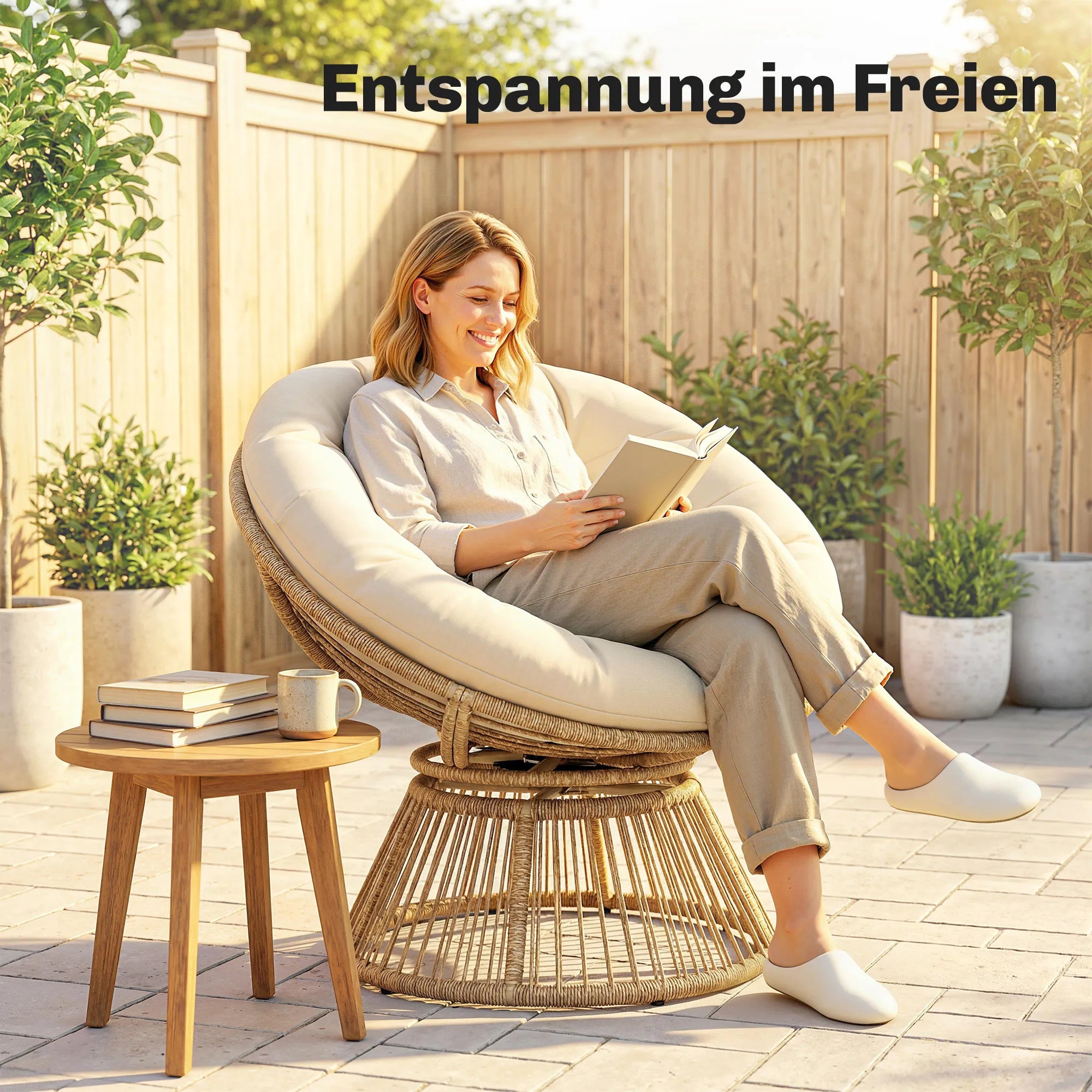 Lounge krėslas „Papasan“ 360° besisukantis, su pagalve, iki 120 kg, kreminės baltos spalvos