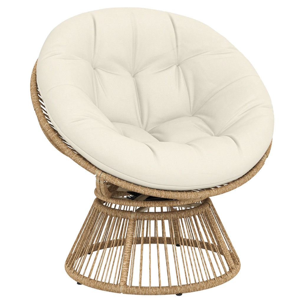 Lounge krėslas „Papasan“ 360° besisukantis, su pagalve, iki 120 kg, kreminės baltos spalvos