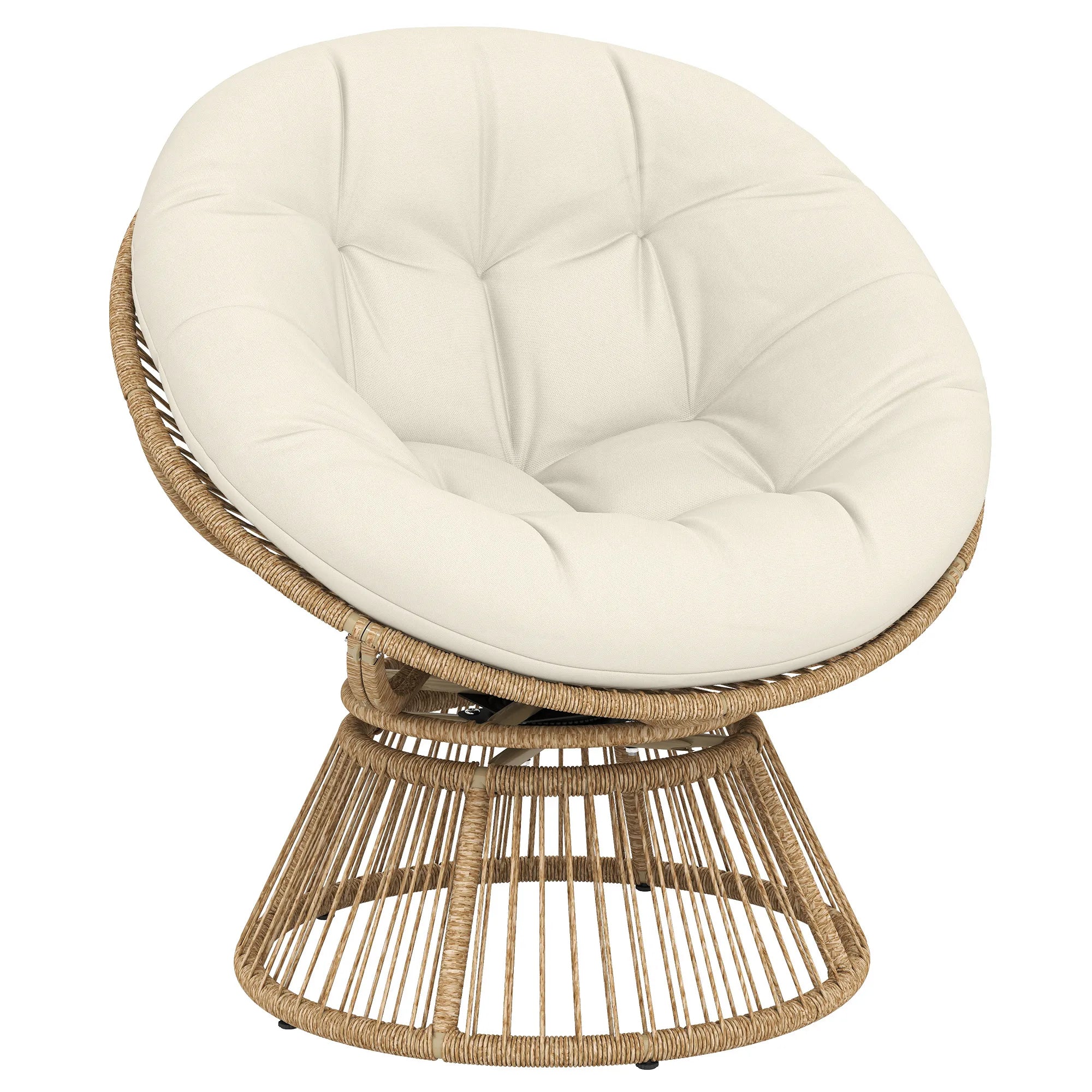 Lounge krėslas „Papasan“ 360° besisukantis, su pagalve, iki 120 kg, kreminės baltos spalvos