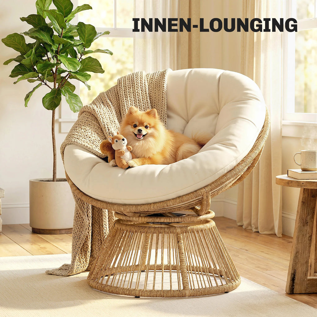Lounge krėslas „Papasan“ 360° besisukantis, su pagalve, iki 120 kg, kreminės baltos spalvos