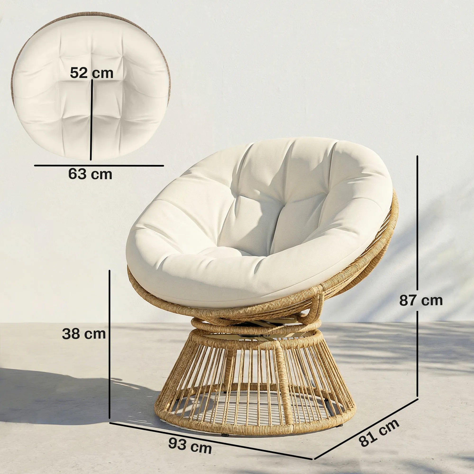 Lounge krėslas „Papasan“ 360° besisukantis, su pagalve, iki 120 kg, kreminės baltos spalvos