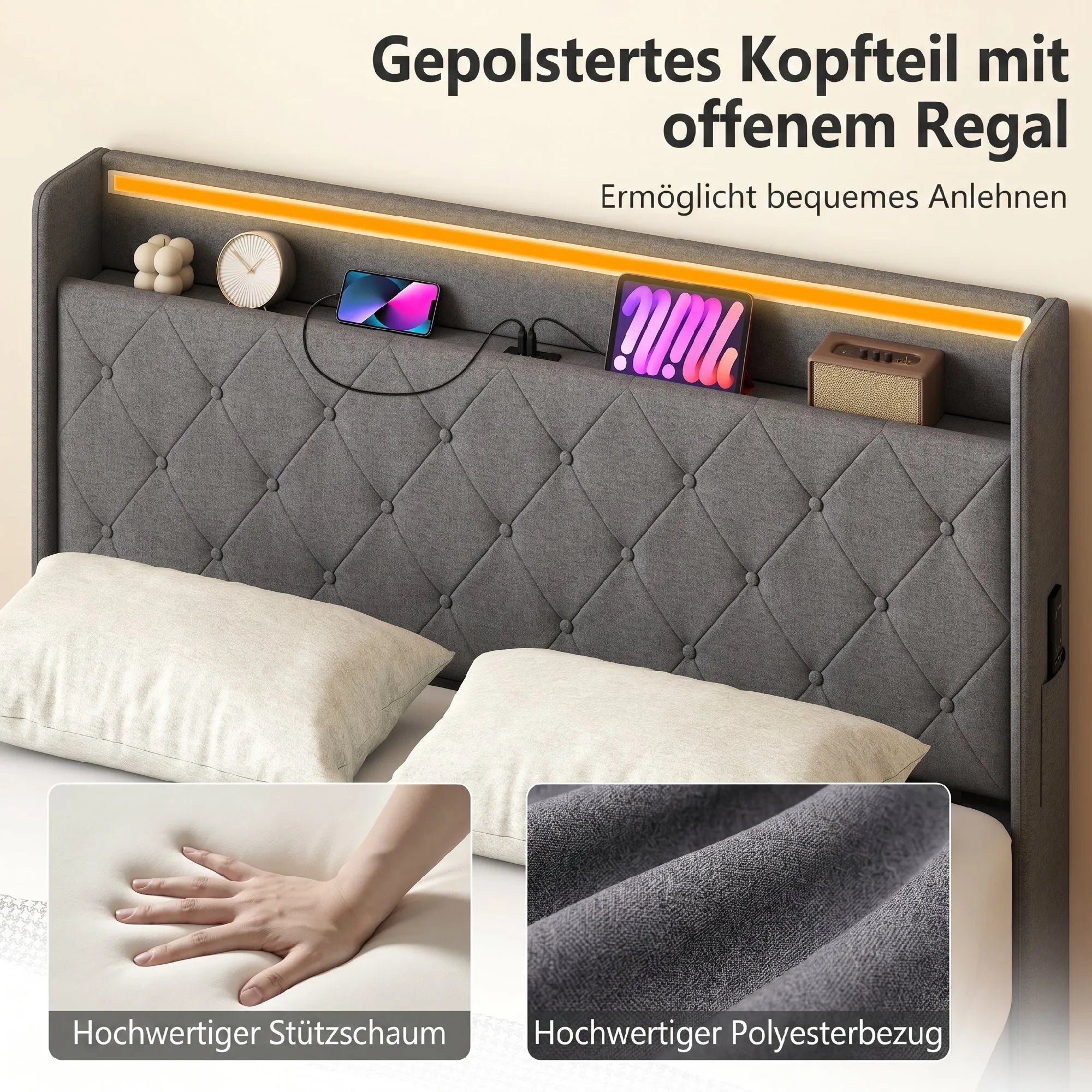 Lova 140x200 cm su patalynės dėže, LED apšvietimu ir USB jungtimis