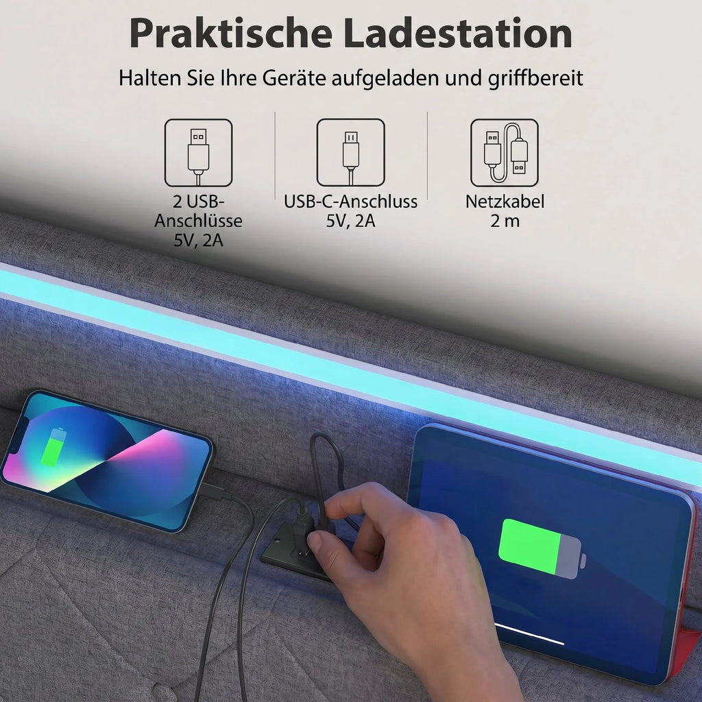 Lova 140x200 cm su patalynės dėže, LED apšvietimu ir USB jungtimis
