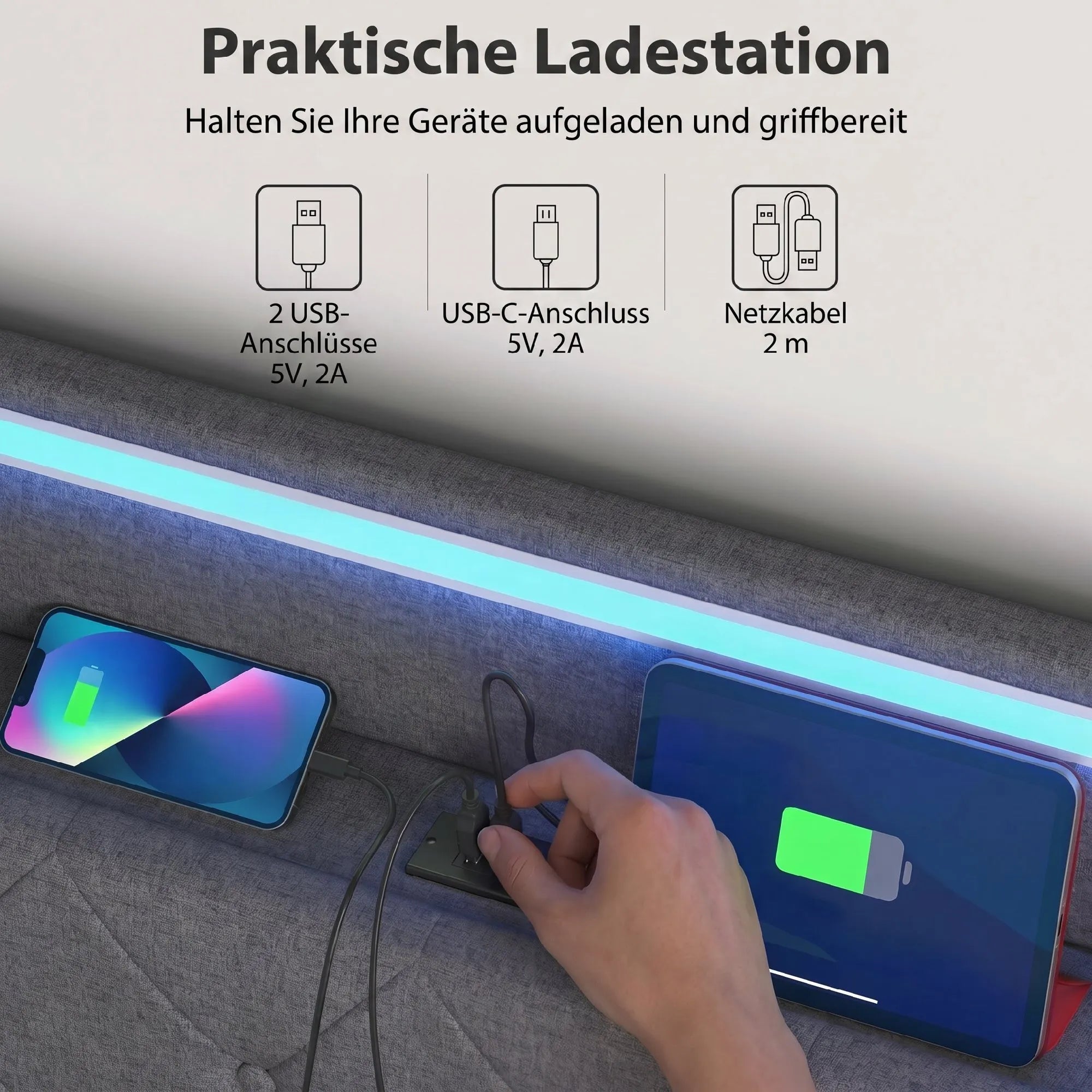 Lova 140x200 cm su patalynės dėže, LED apšvietimu ir USB jungtimis