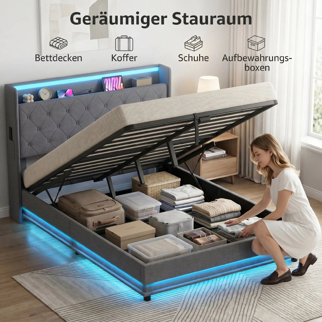 Lova 140x200 cm su patalynės dėže, LED apšvietimu ir USB jungtimis