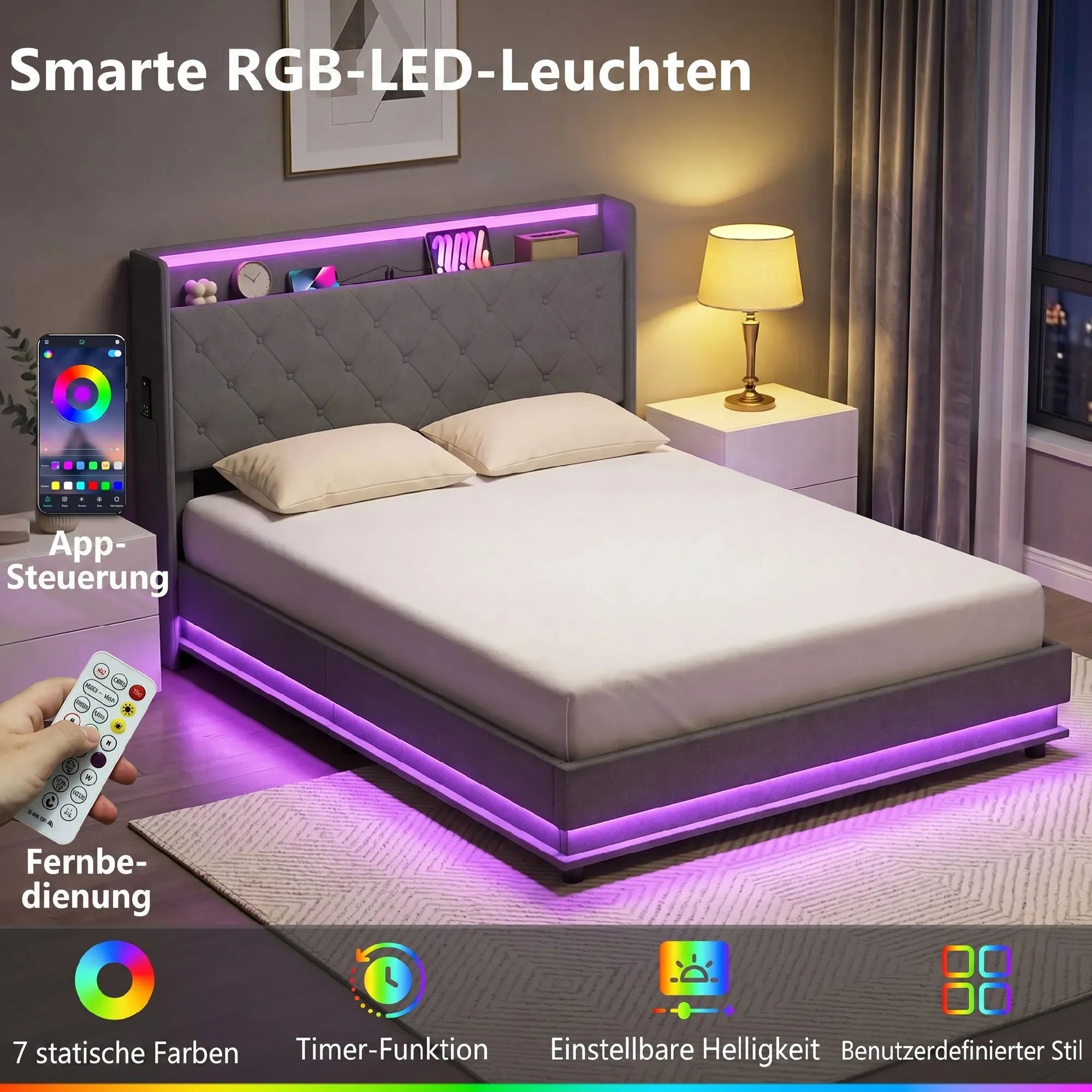 Lova 140x200 cm su patalynės dėže, LED apšvietimu ir USB jungtimis