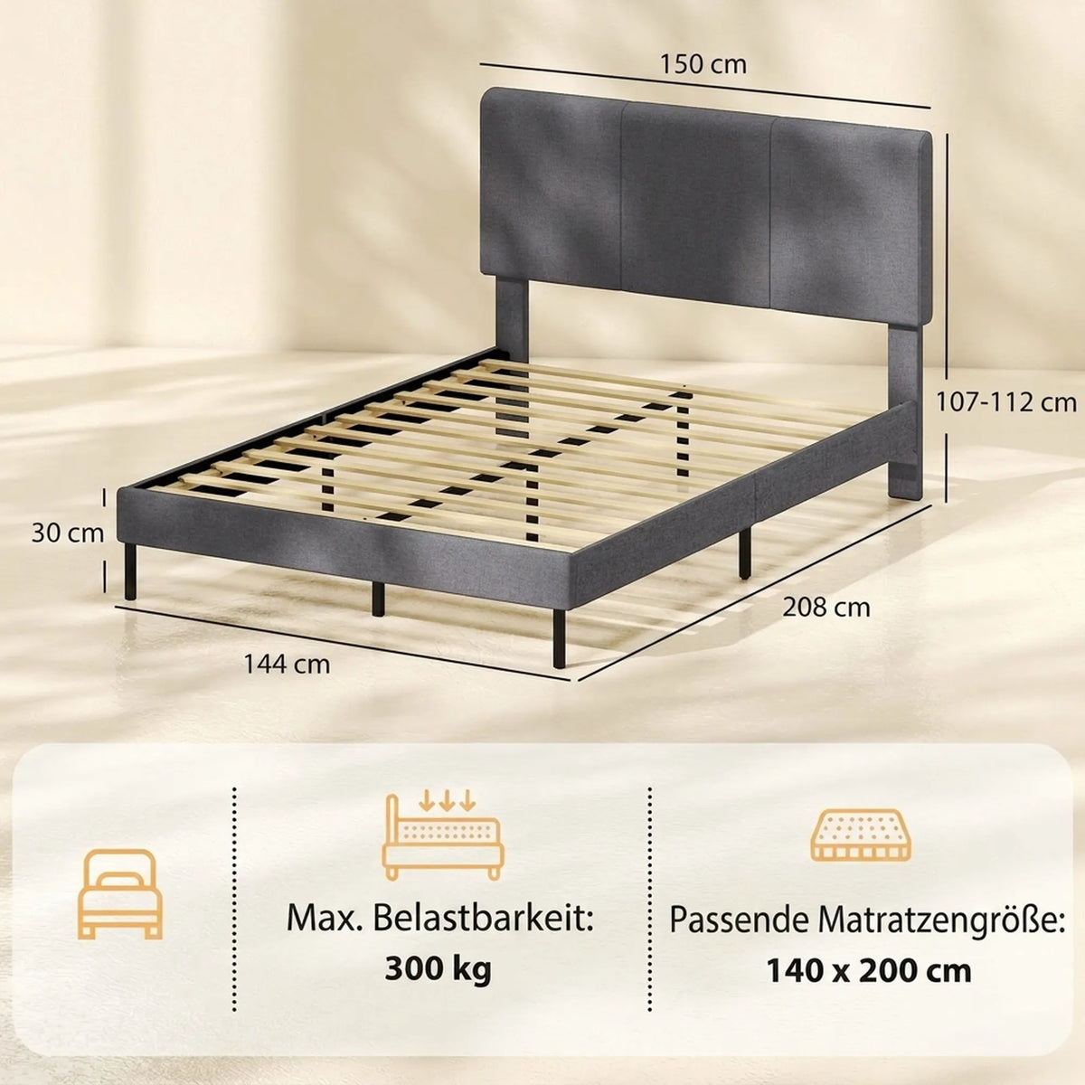 Lovos rėmas 140 × 200 cm su reguliuojamu galvūgaliu, 12 skersinių