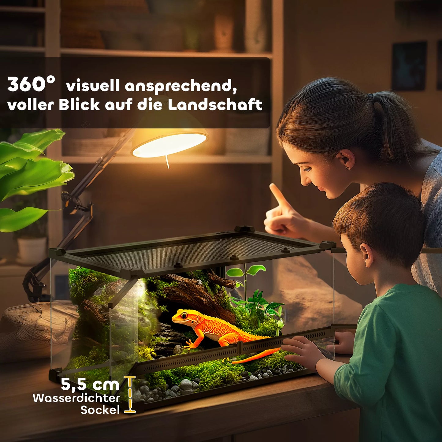 Stiklinis terariumas ropliams, paaukštintas ir vandeniui atsparus dugnas, sagties užraktas