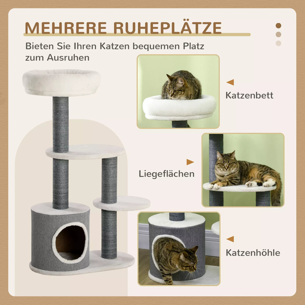 PawHut kačių medis su 1 katės guoliu, 1 kačių lovyte, 2 platformomis, stulpeliais su jutės virve, balta + pilka PawHut