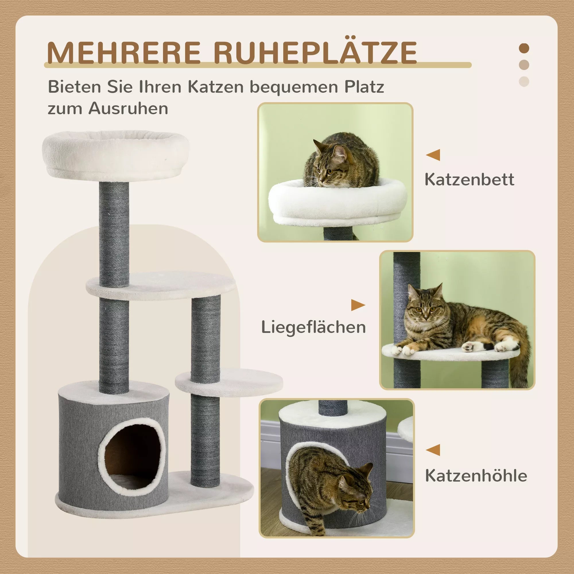 PawHut kačių medis su 1 katės guoliu, 1 kačių lovyte, 2 platformomis, stulpeliais su jutės virve, balta + pilka PawHut