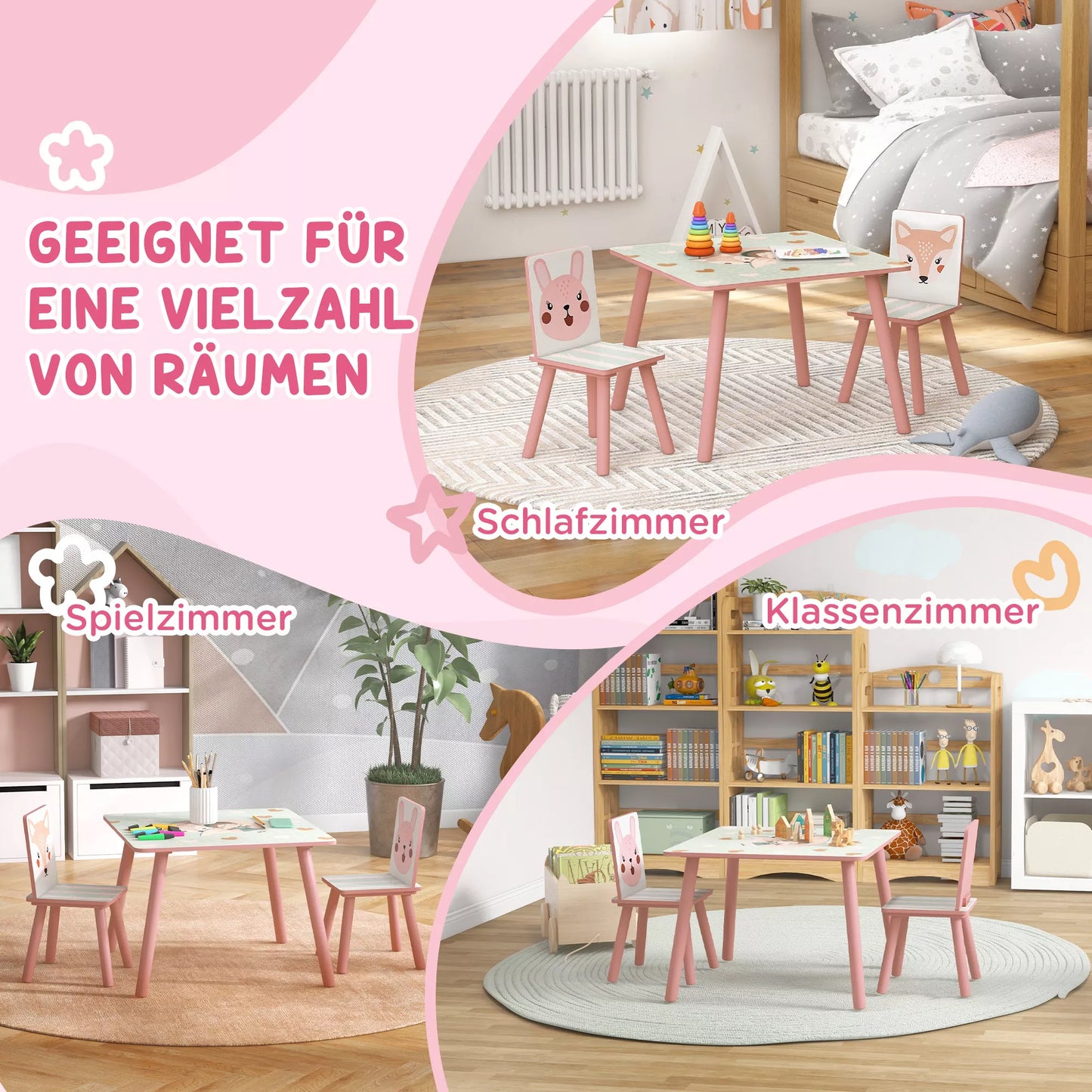 Vaikiška sėdimoji grupė iš pušies medienos, stalas su 2 kėdutėmis, gyvūnų motyvas, skirta vaikų kambariui, 3-8 metai, rožinė