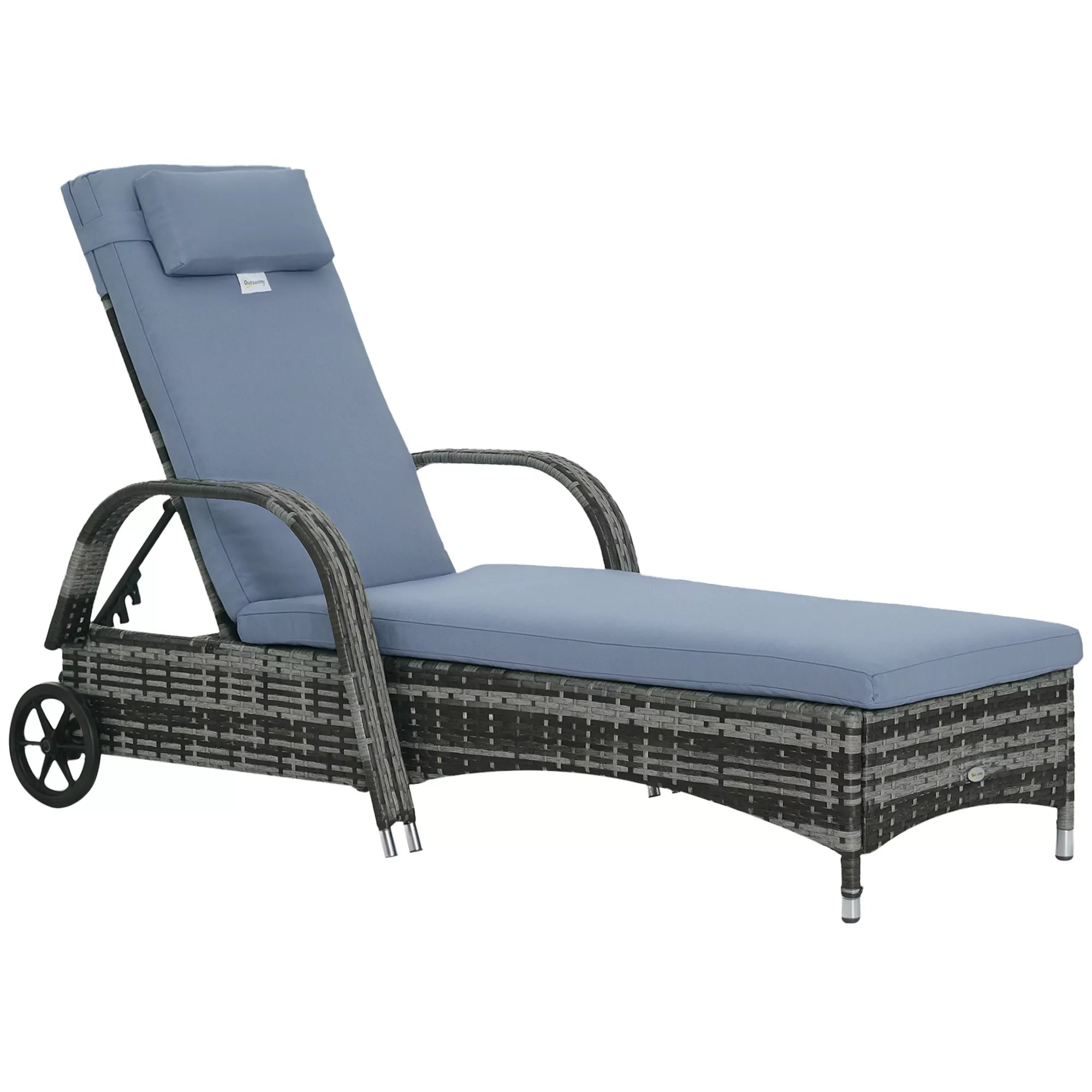 Saulės gultas Polyrattan sodo gultas su 5 pakopų reguliuojamu atlošu, paminkštintu užklotu, ratukais, pagalvėmis, 160 kg apkrova. Poilsio gultas Sodo gultas, 200x73x30-103 cm, pilkos spalvos.