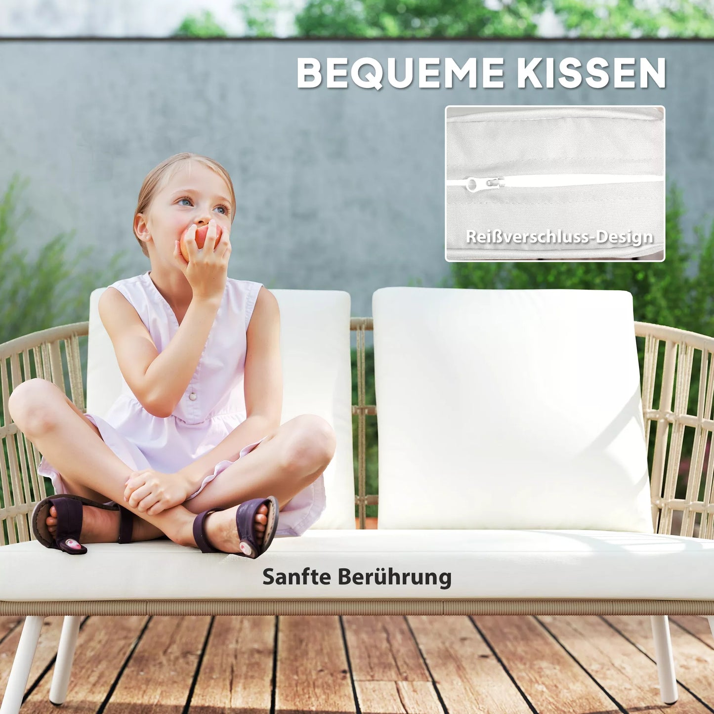 Lauko baldų komplektas iš poliratanio, Lounge komplektas su 2 vietų sofa, foteliu, stalu, pagalvėlėmis, atsparus oro sąlygoms, 4 žmonėms, chaki spalvos