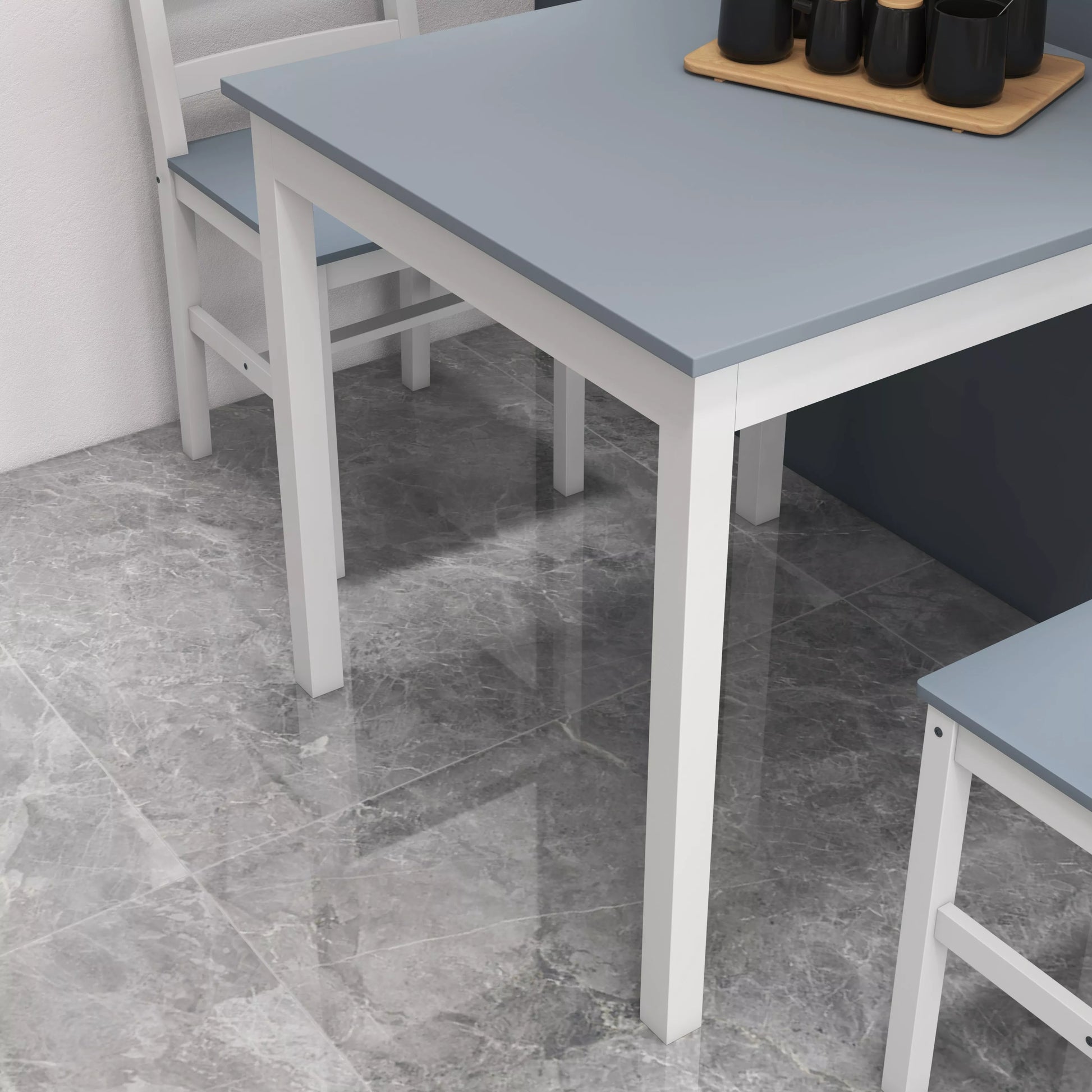 Valgomojo komplektas 2 asmenims, 2 kėdės, 1 stalas, pušies mediena, balta + pilka