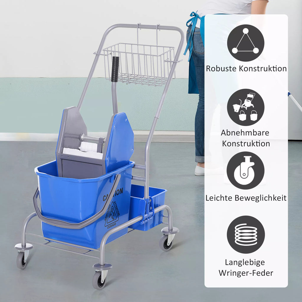Valymo vežimėlis, šluotos vežimėlis, 25 l talpa, 4 ratai, plastikas, mėlynas