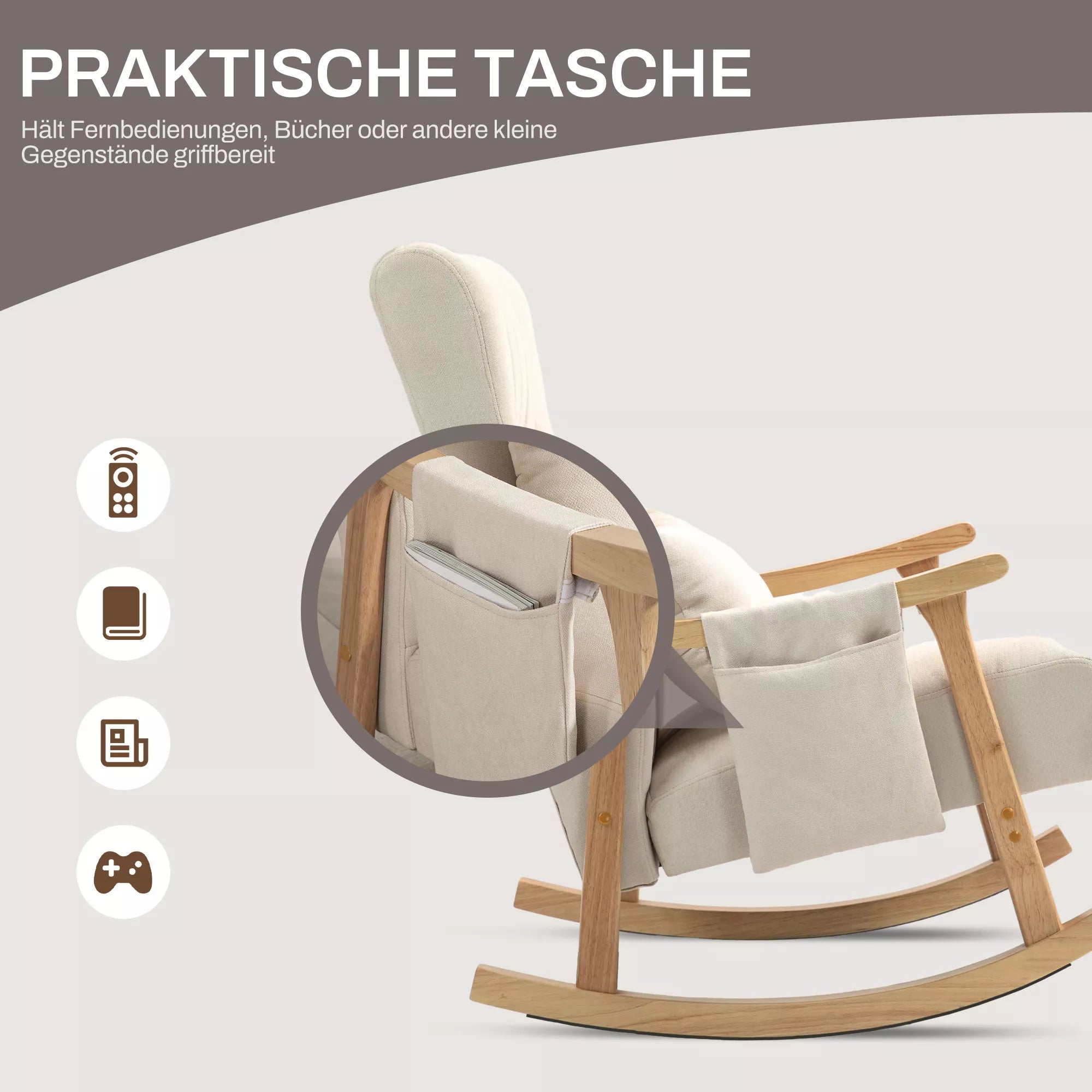 HOMCOM supamasis krėslas su inkstų formos pagalvėle, plačia sėdyne, guminio medžio rėmu, iki 120 kg, smėlio spalvos