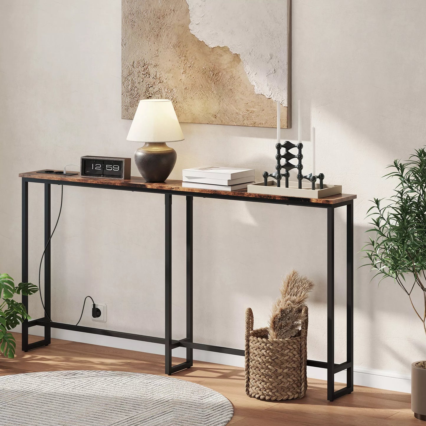 Plonas konsolinis staliukas su įkrovimo stotele, pramoninio stiliaus, plieninis rėmas, rudas