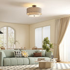 Lubinis pakabinamas šviestuvas su dviem lininės tekstūros gaubtais, taupe spalvos