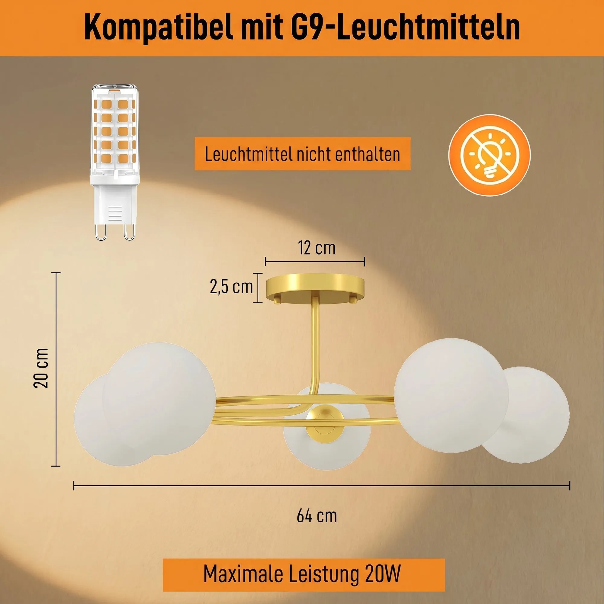 Lubinis šviestuvas apvalus su 5 G9 lizdais, auksinis