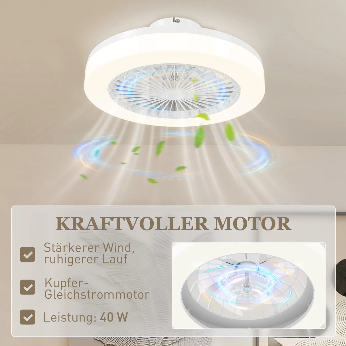 Lubinis ventiliatorius su LED šviestuvu, 6 greičiai, baltas, 50 cm
