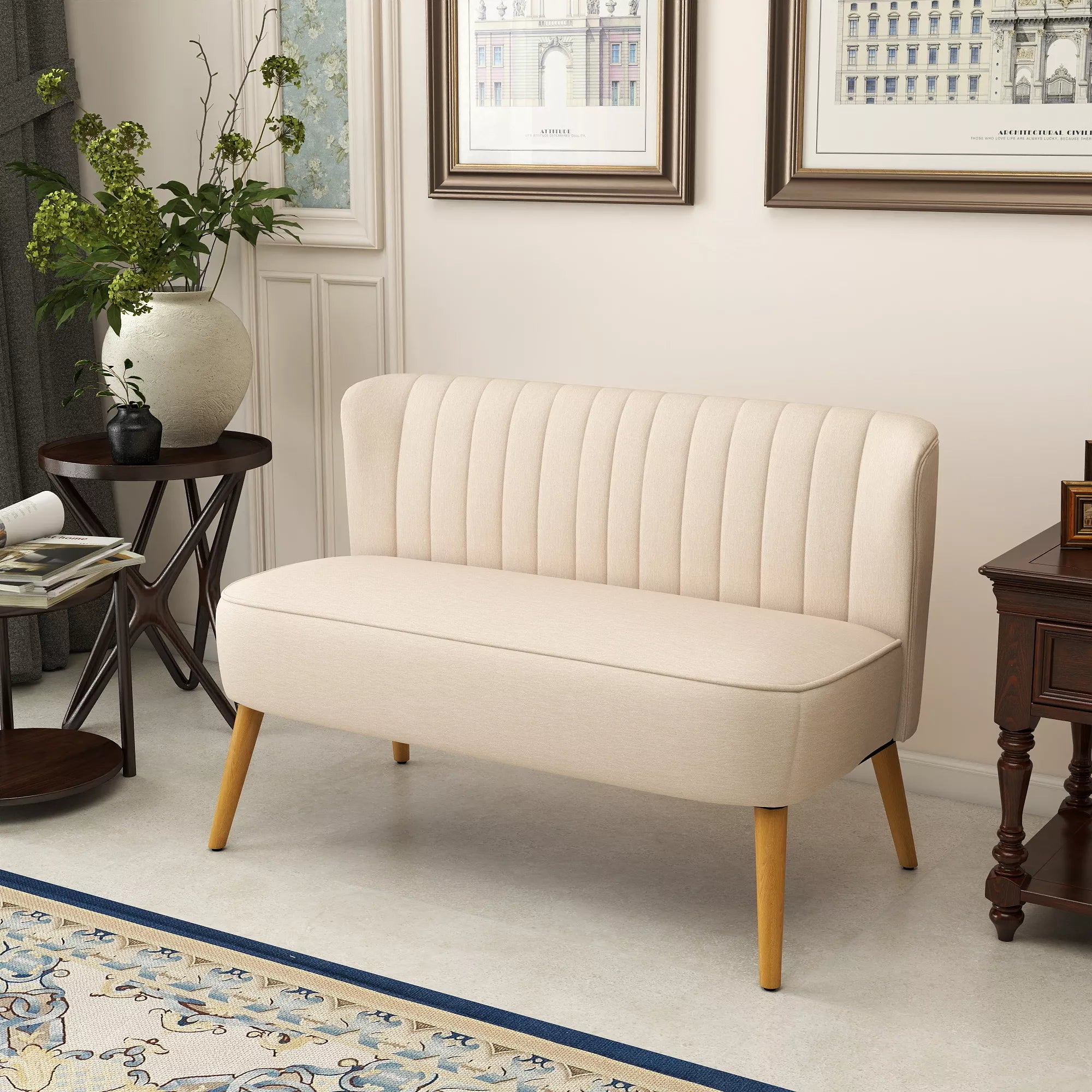 Sofa retro dizaino, 2 vietų sofa, medinės kojelės, 117 cm x 56,5 cm x 77 cm, kreminės baltos spalvos