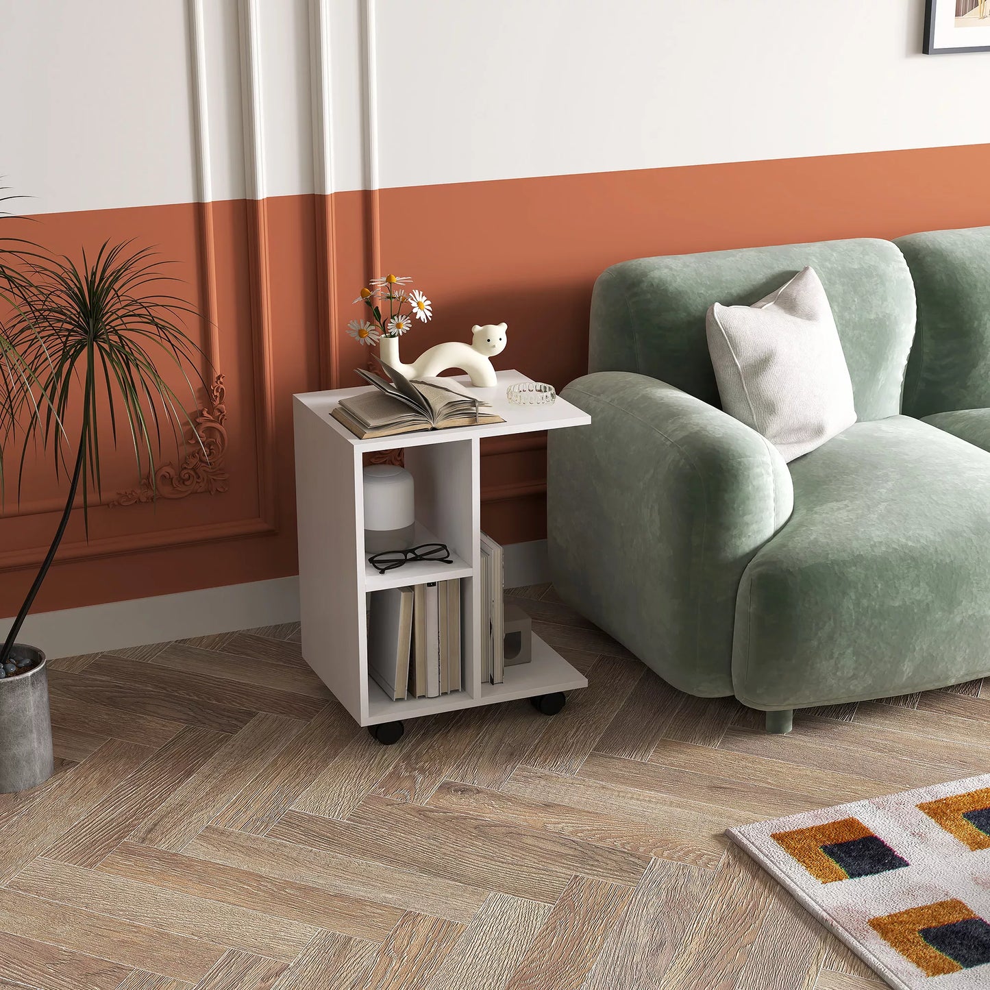 Pagalbinis staliukas C formos, kavos staliukas, svetainės staliukas, kampinis rašomasis stalas, su ratukais, E1 medžio drožlių plokštė, 45 x 35 x 58 cm, Balta