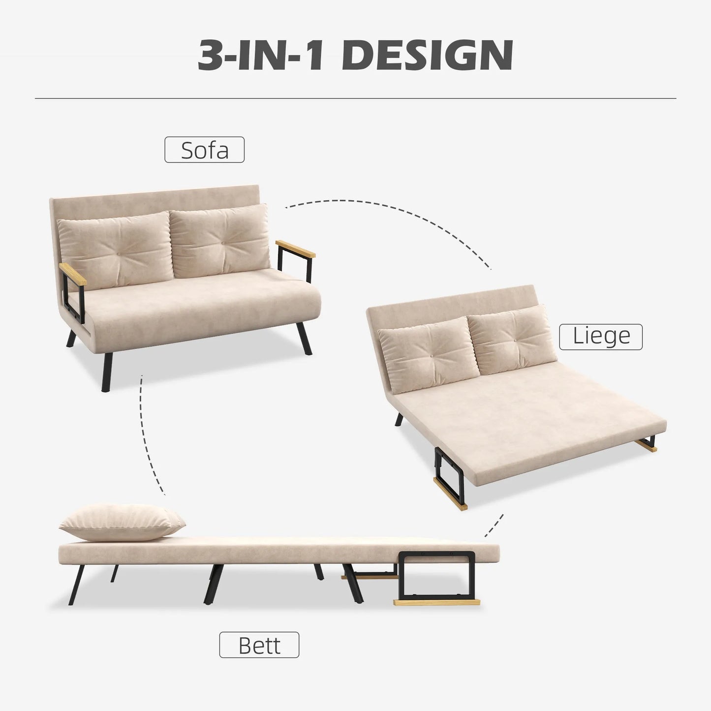 Miegamoji sofa 2 vietų sofa, veliūrinė sofa, su miegojimo funkcija, 2 pagalvėlės, veliūro išvaizda, natūrali + smėlio + juoda