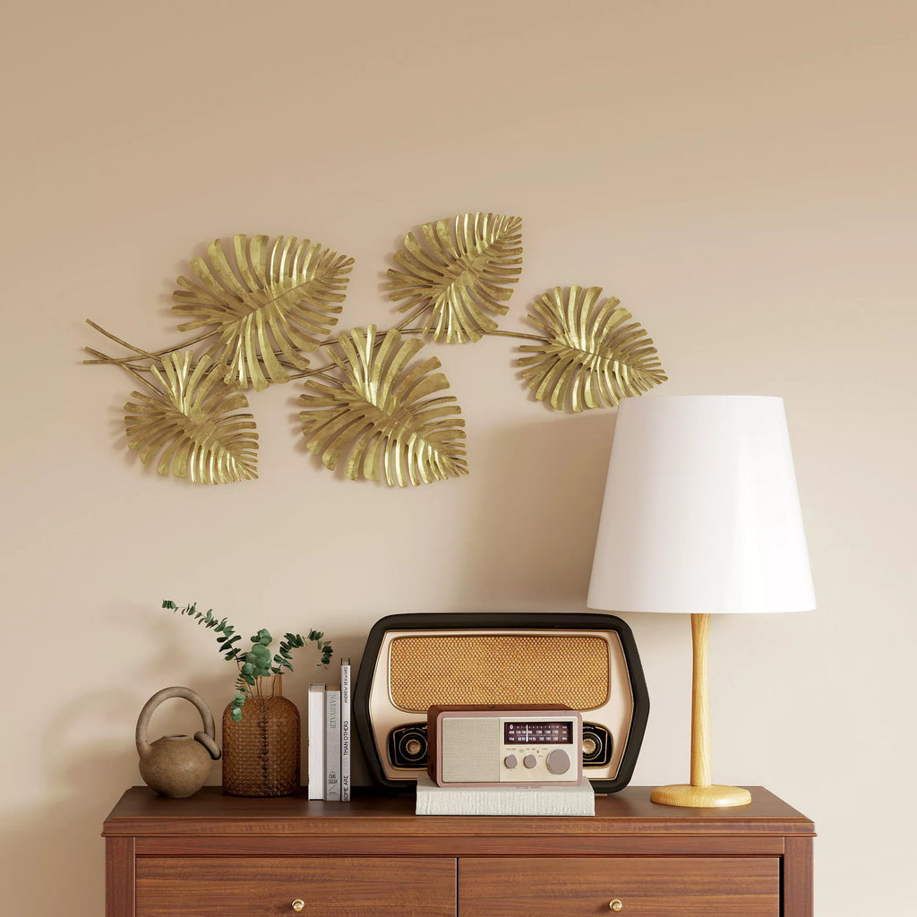 Sienų dekoracija metalinė, monstera lapų formos, 83 cm, auksinė
