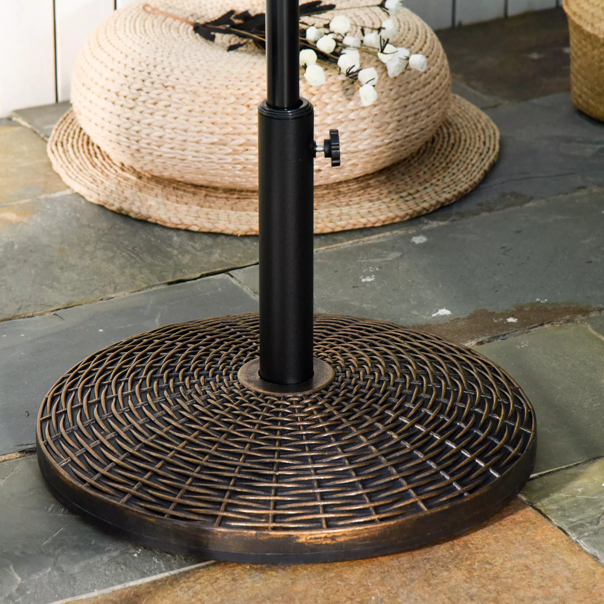 Skėčio stovas, skėčio laikiklis, skėčio pagrindas, 25 kg, rotango imitacijos krepšinis, stovas, skėčio skersmuo Ø35/Ø38/Ø48 mm, plastikas + cementas, senovinio bronzos spalvos, Ø53 x 40 cm