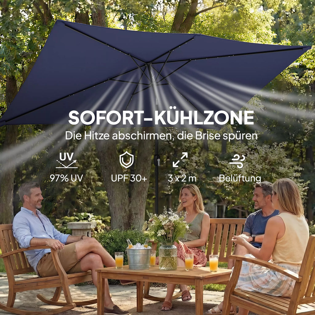 Saulės skėtis LED Solar, apie 300 x 200 cm, sulankstomas balkono skėtis su rankena, apsauginis apvalkalas, UV apsauga, pasukamas, tamsiai mėlynos spalvos