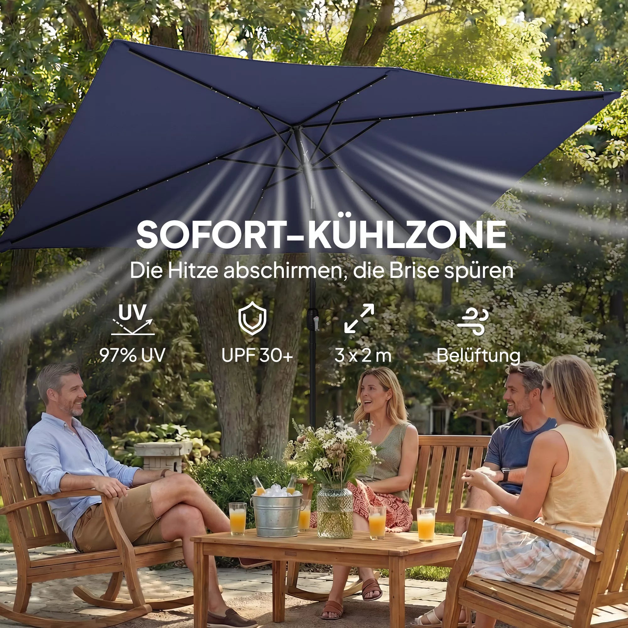 Saulės skėtis LED Solar, apie 300 x 200 cm, sulankstomas balkono skėtis su rankena, apsauginis apvalkalas, UV apsauga, pasukamas, tamsiai mėlynos spalvos