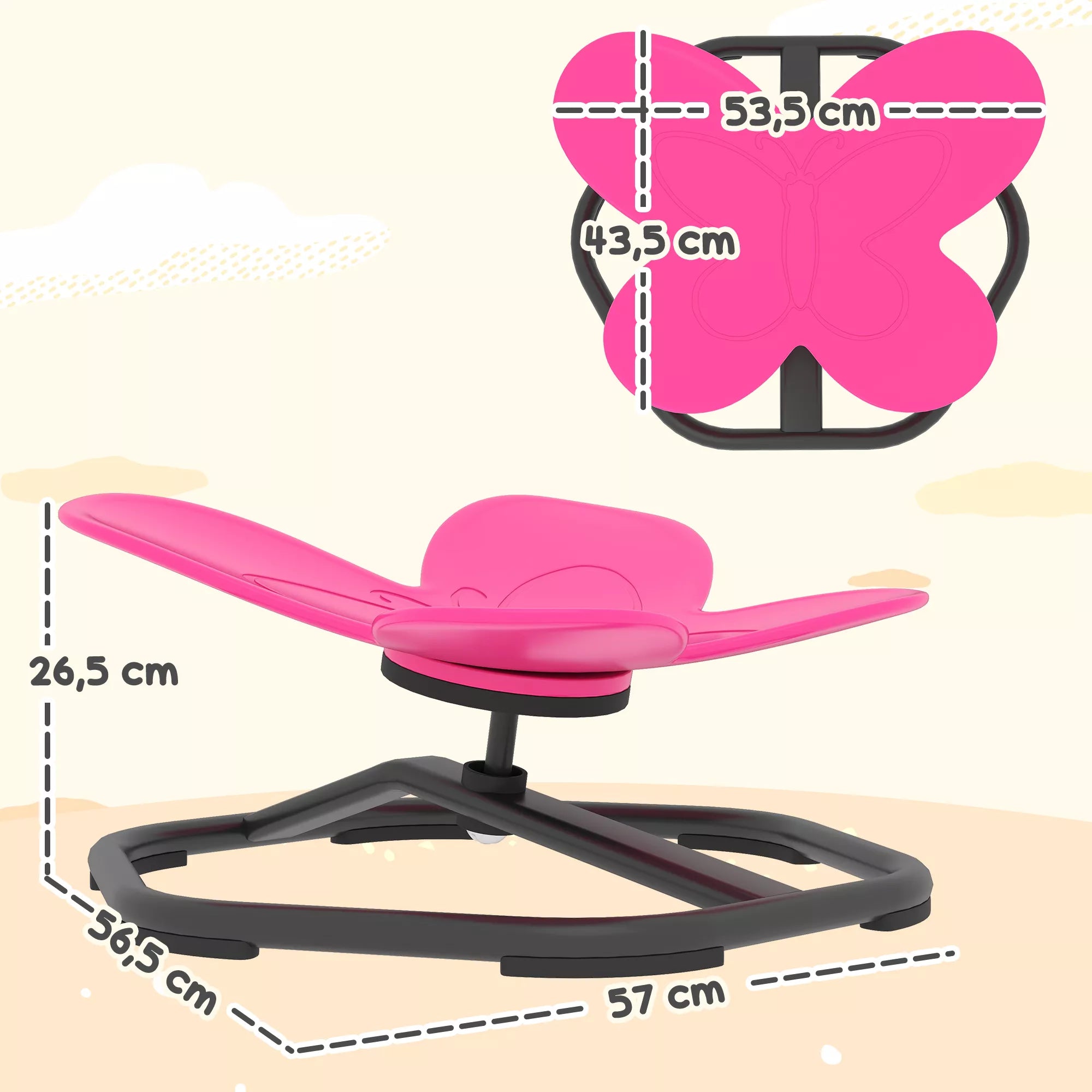 Infografika su rožinio drugelio krėslo matmenimis: 57 cm ilgis, 36,5 cm plotis, 26,5 cm aukštis