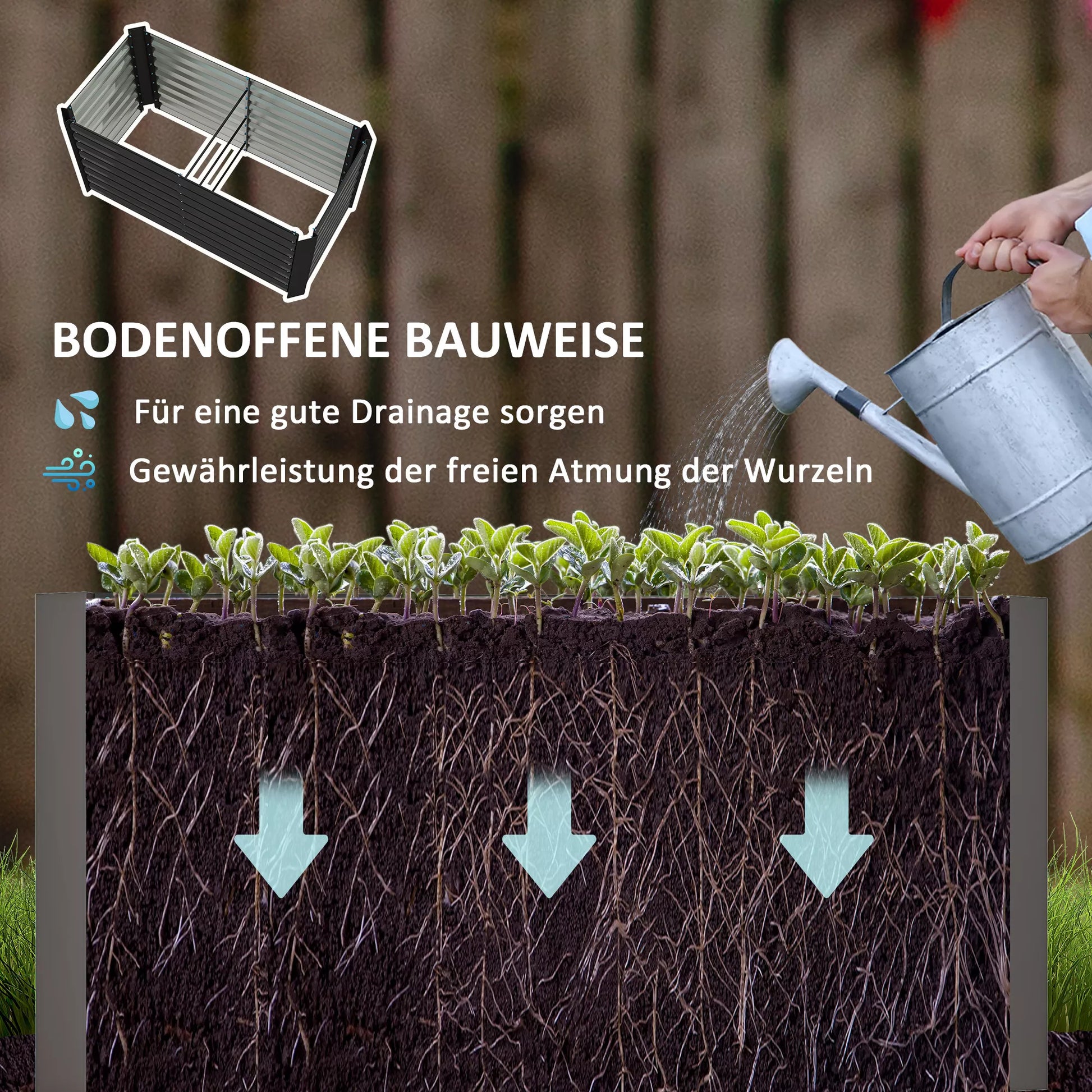 Aukštos lysvės, 2 vnt. rinkinys, gėlių dėžė, ypač gili, metalinė, 120 x 60 x 60 cm, tamsiai pilka