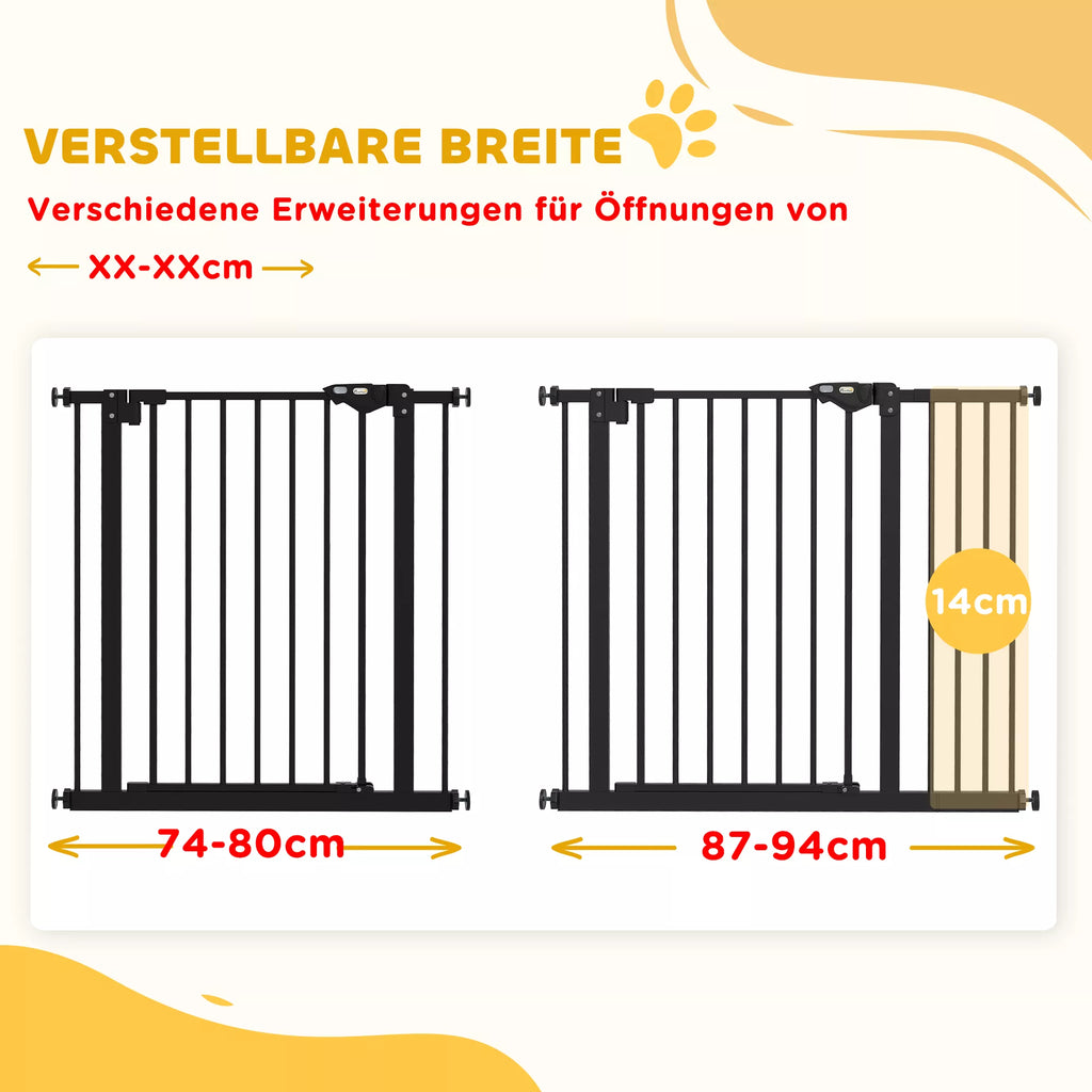 Durų apsauginės grotelės šunims, užtvaros, apsauginės grotelės naminiams gyvūnams, metalas, plastikas, 74–80/87–94 cm, juodos spalvos