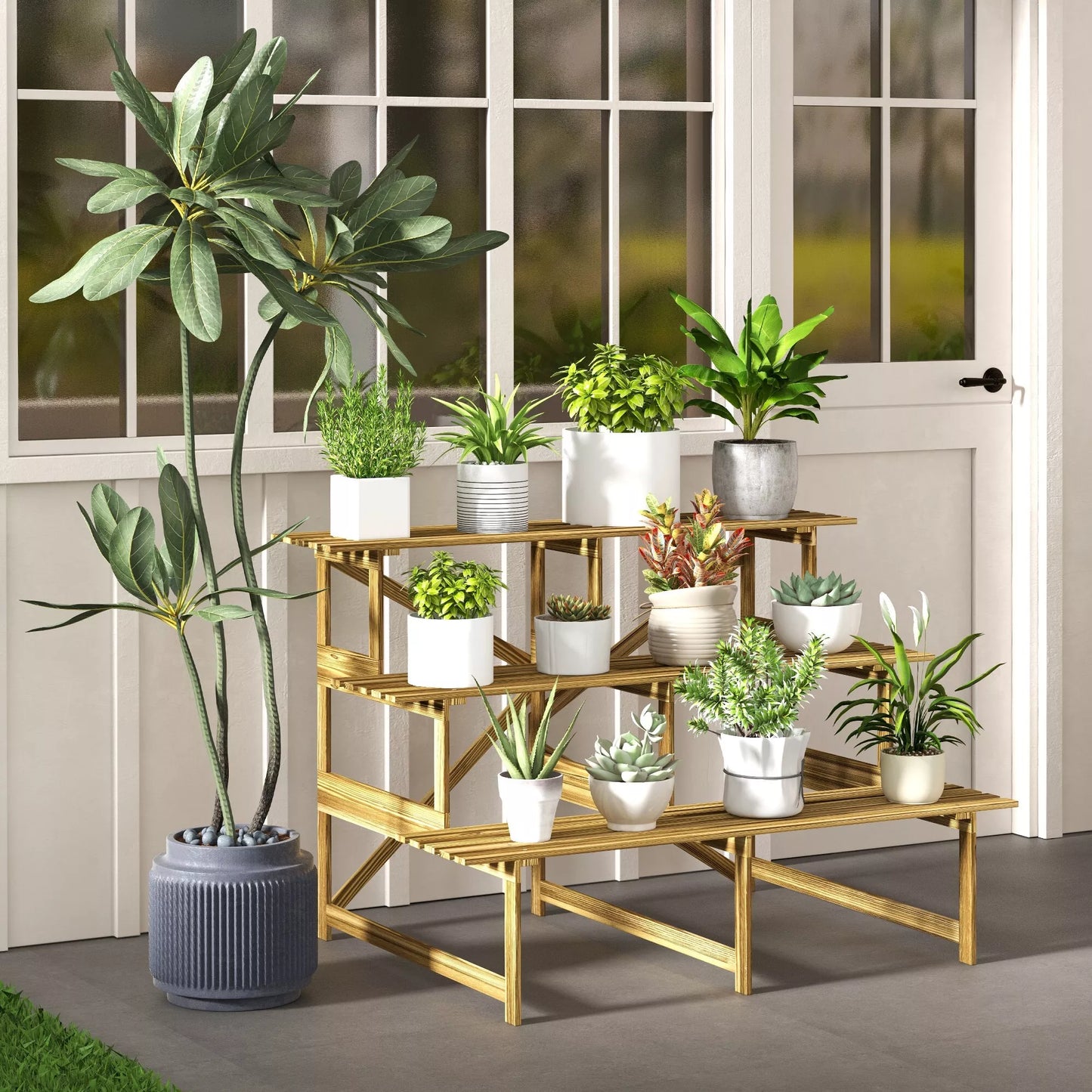 Pakyla augalams, gėlių stovas, augalų lentyna, 3 pakopos, eglės mediena, 120 x 80 x 78cm