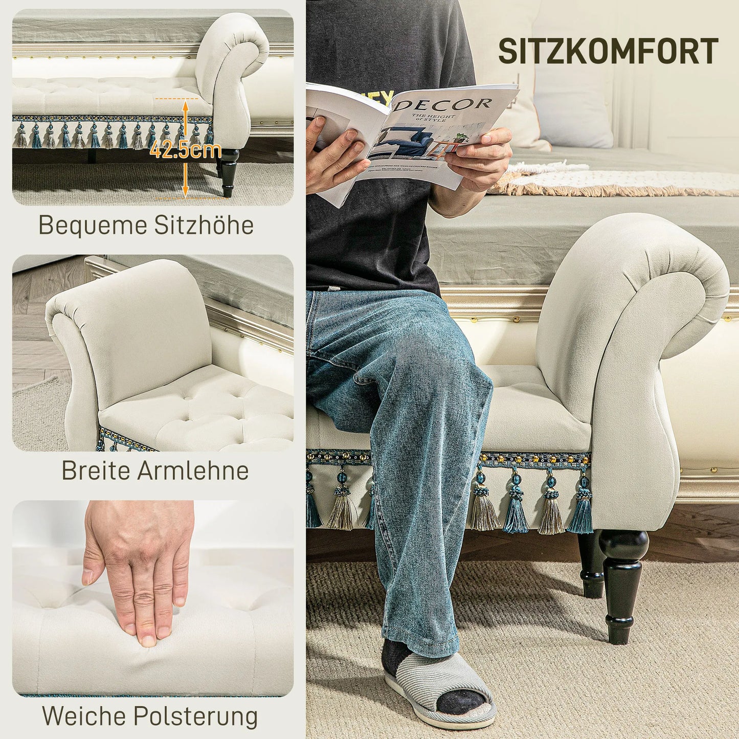 Minkšta bankė, sėdėjimo bankė, vintažinis dizainas, iki 150 kg, 117x40x58 cm, smėlio spalvos