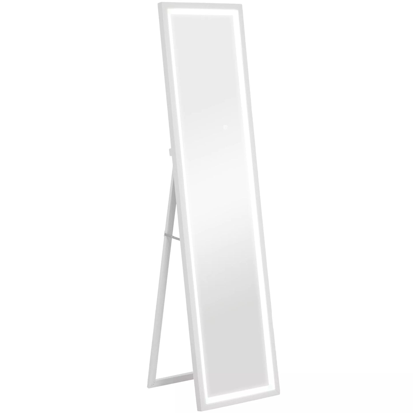 Pilno dydžio veidrodis, 40x160 cm, su LED apšvietimu, jutikliniu valdymu, pritemdomas, 3 spalvos, baltas.