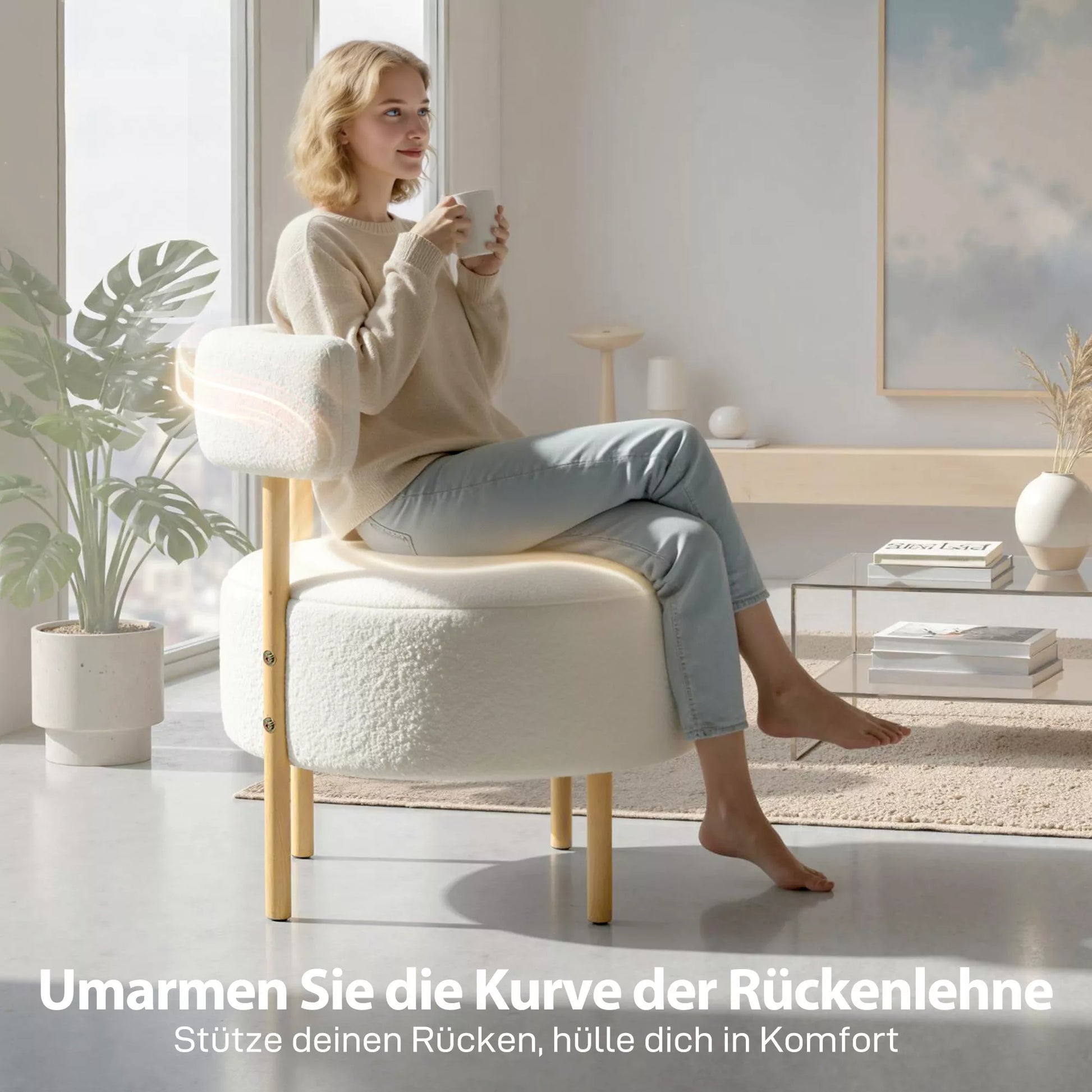 Krėslas poilsiui su Sherpa vilnos audiniu, metalinėmis kojelėmis medžio išvaizda, apmuštas krėslas 67 x 67 x 71 cm kreminės baltos spalvos